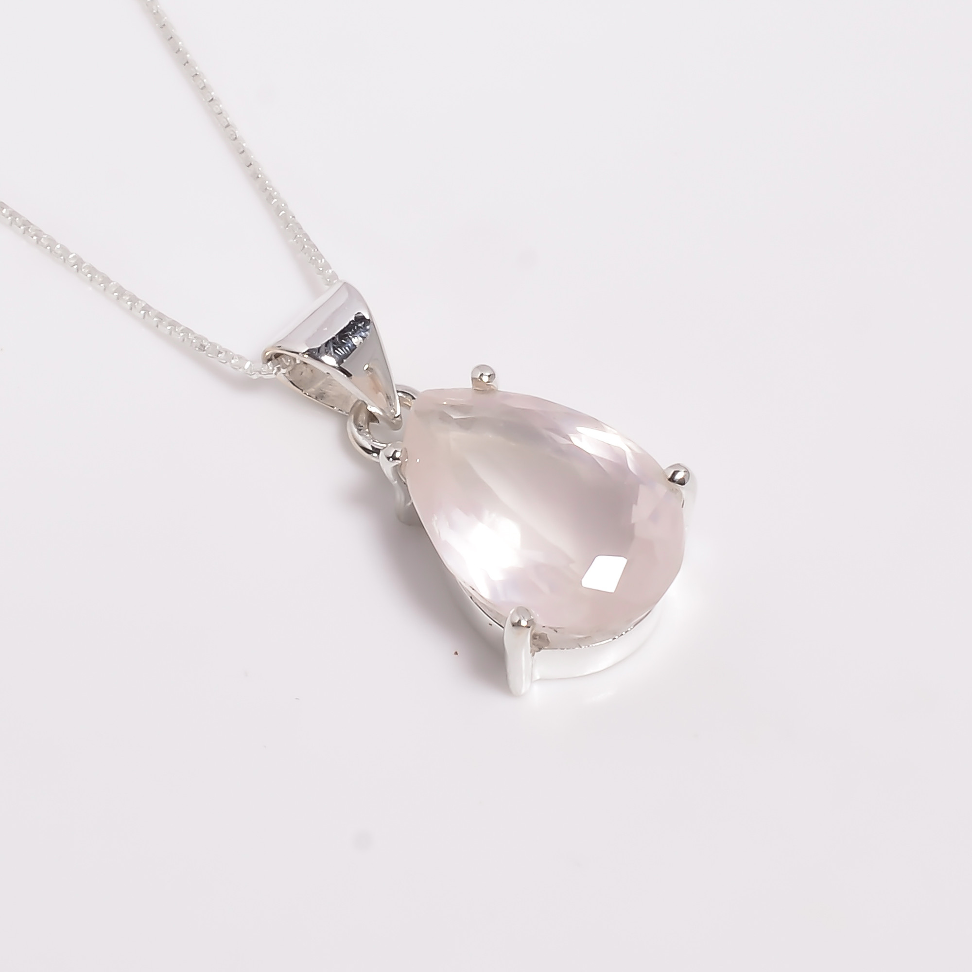 Rose Quartz Pear Cut Gemstone 925 Sterling Silver Pendant Necklace
