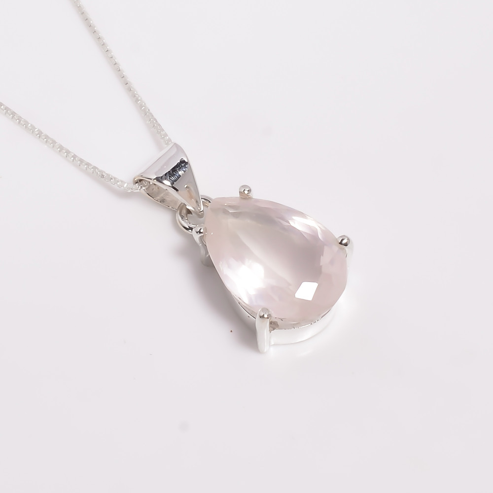 Image of Rose Quartz Pear Cut Gemstone 925 Sterling Silver Pendant Necklace
