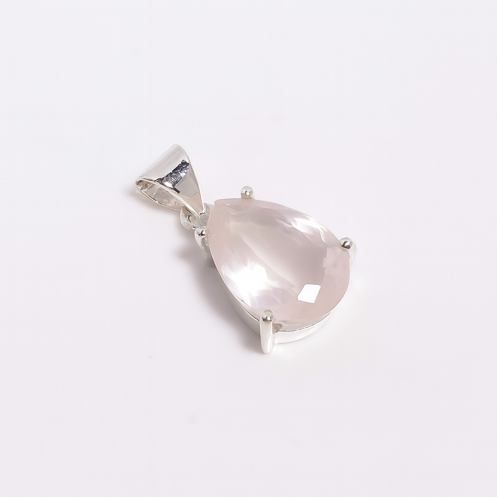925 Sterling Silver Pendant Rose Quartz Pear Cut Gemstone Pendant