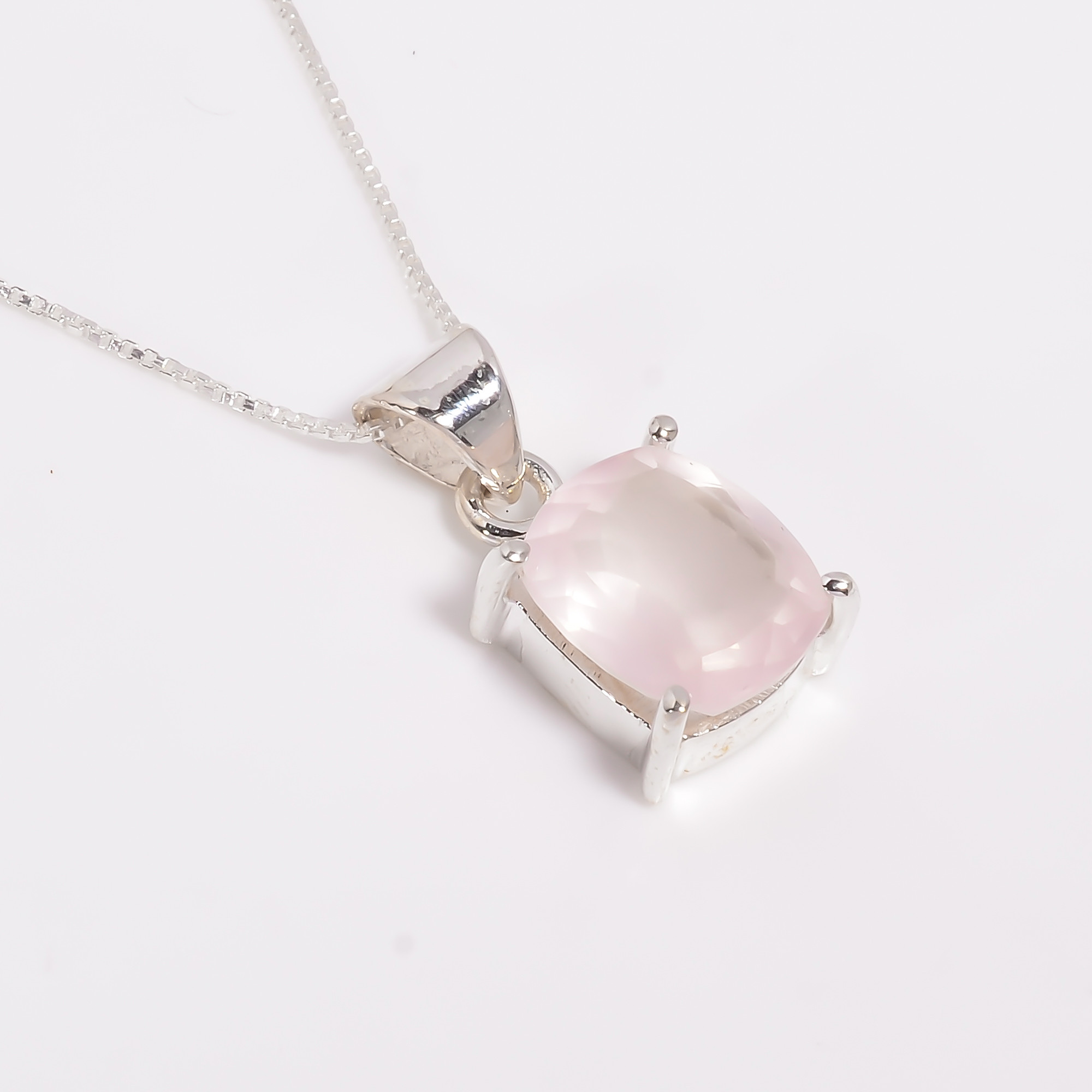 Rose Quartz Cushion Cut Gemstone 925 Sterling Silver Pendant Necklace