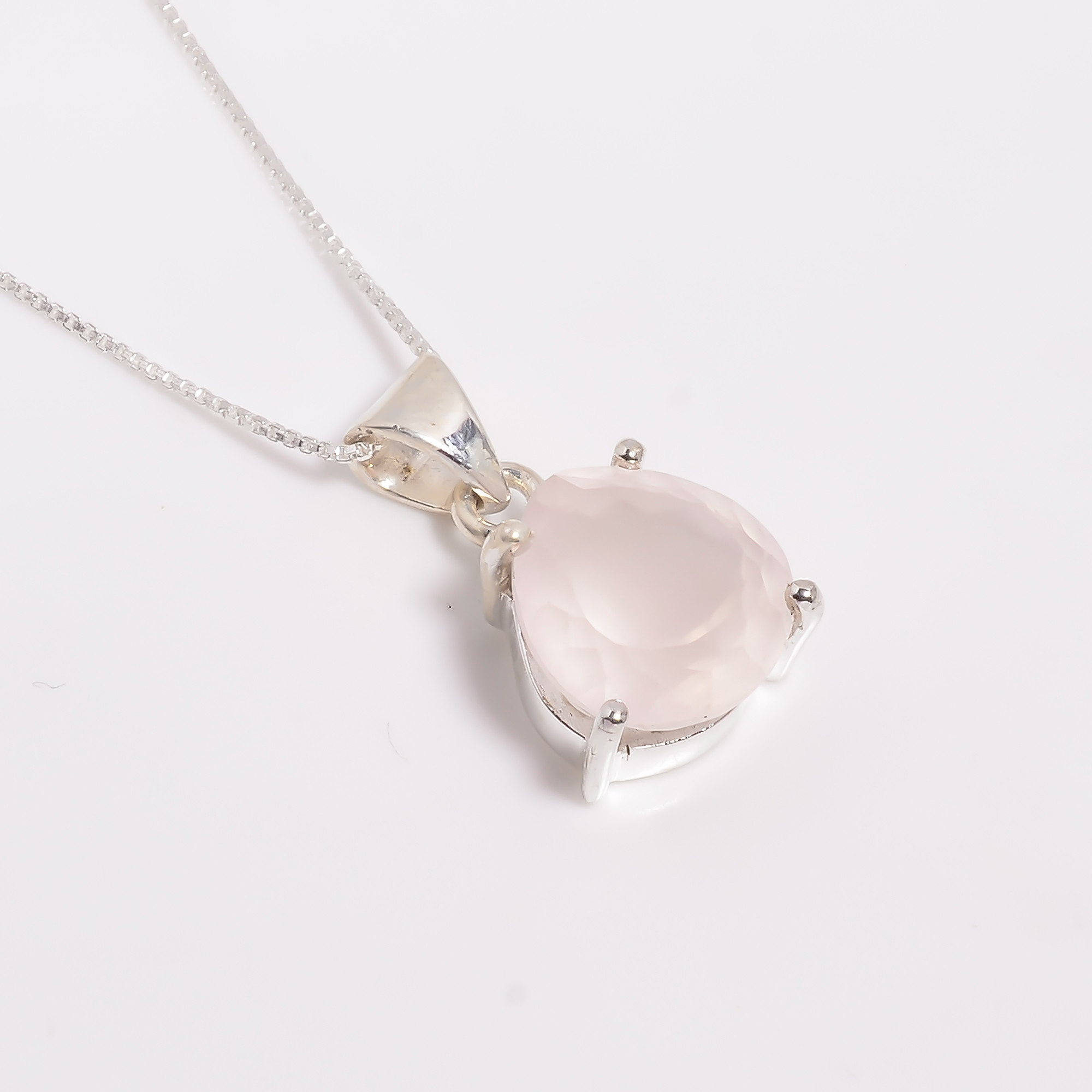 Rose Quartz Cut Gemstone 925 Sterling Silver Pendant Necklace