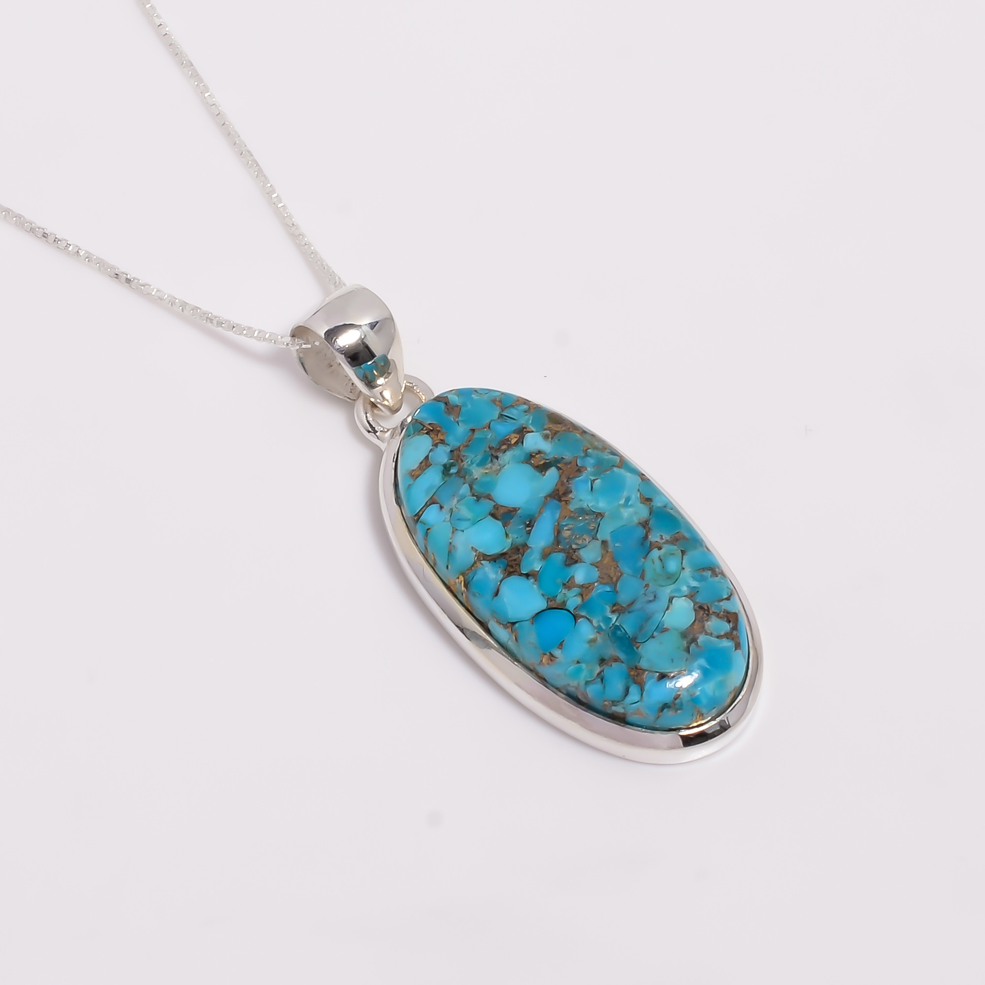 Blue Copepr Turquoise Gemstone 925 Sterling Silver Pendant Necklace