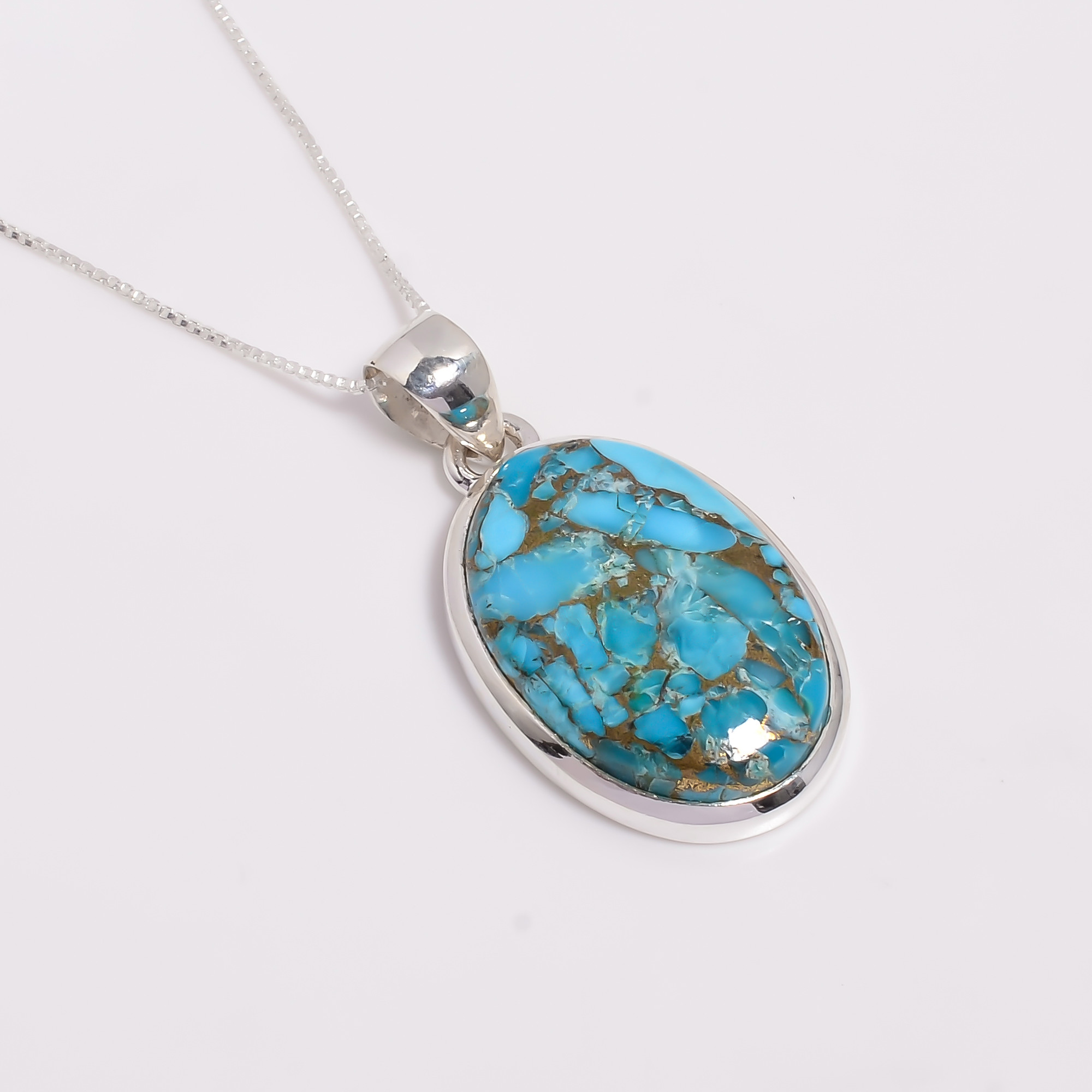 Blue Copepr Turquoise Gemstone 925 Sterling Silver Pendant Necklace