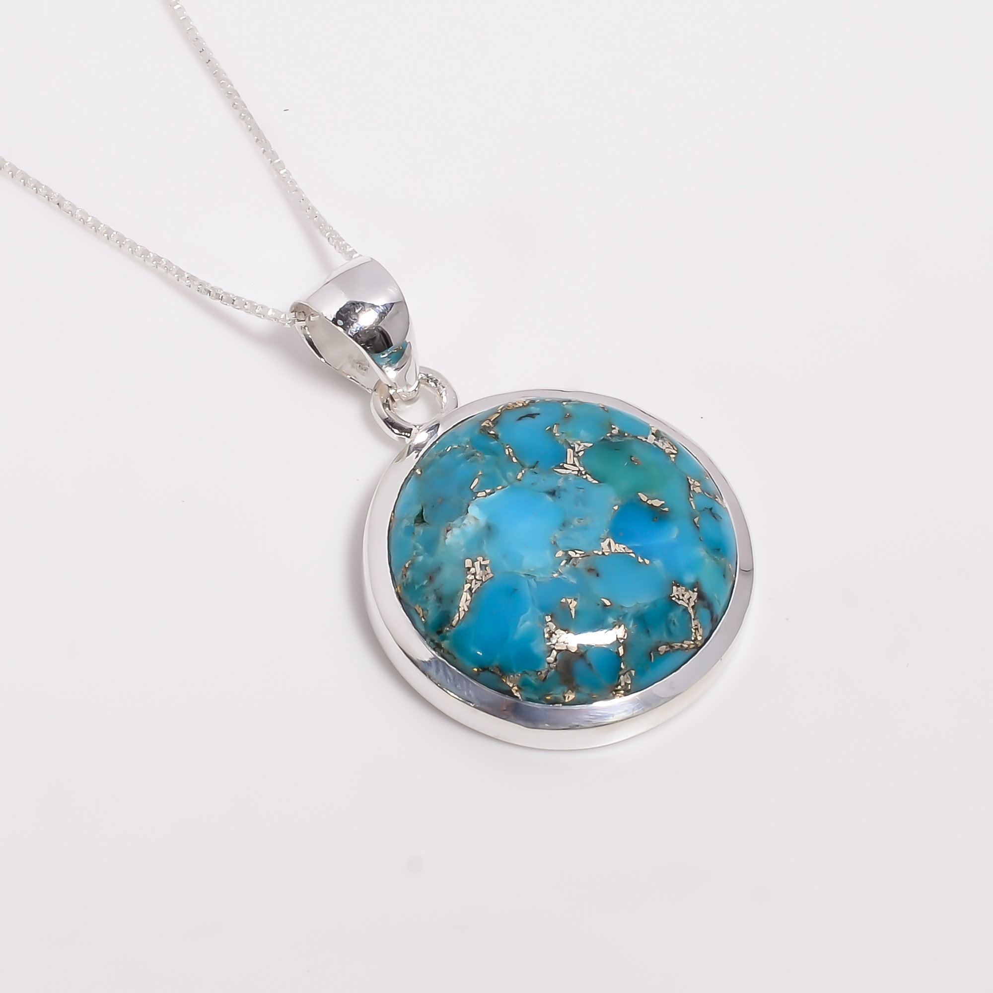 Blue Copepr Turquoise Gemstone 925 Sterling Silver Pendant Necklace