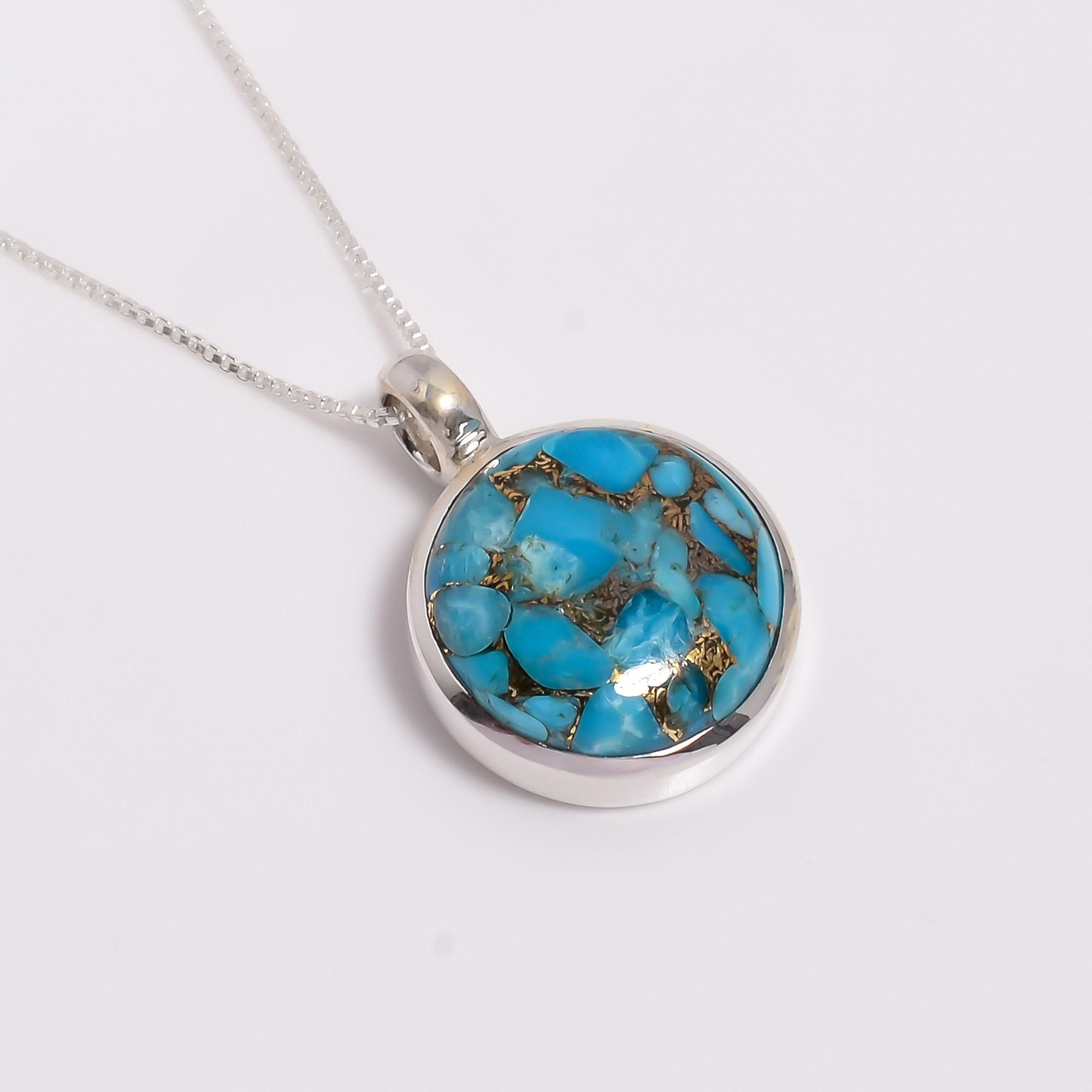 Blue Coppepr Turquoise Gemstone 925 Sterling Silver Pendant Necklace