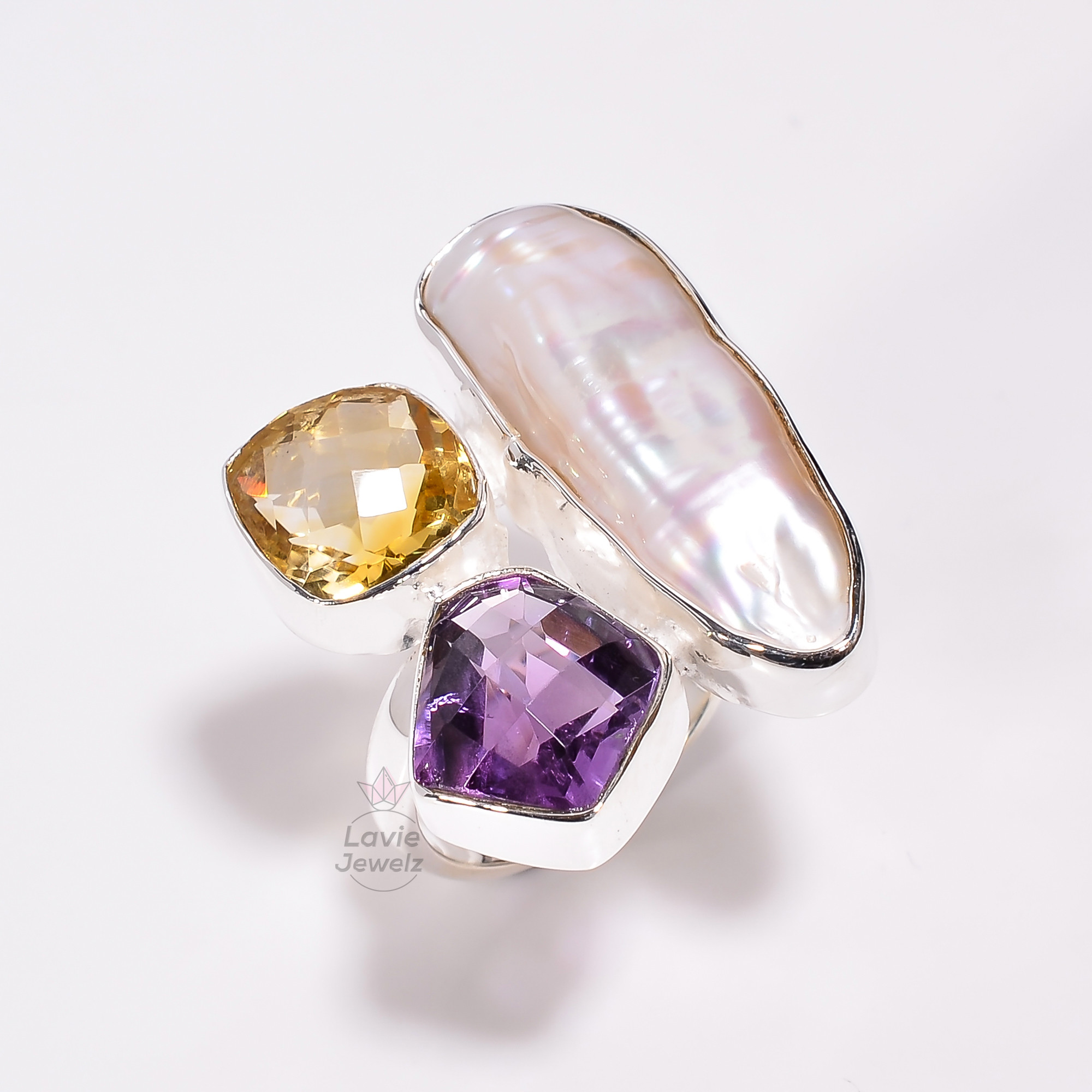 925 Sterling Silver Baroque Pearl Amethyst Gemstone Ring