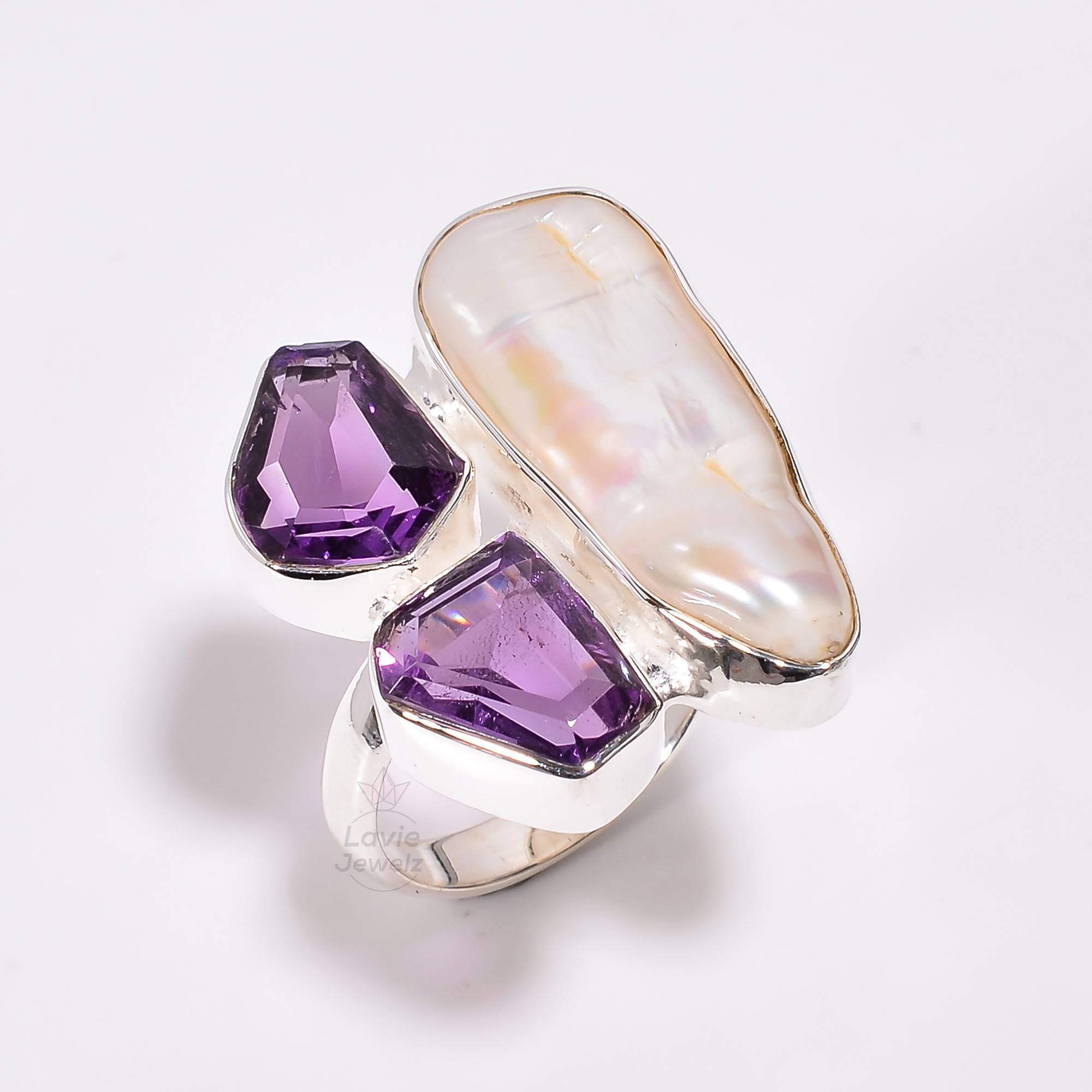 925 Sterling Silver Ring Baroque Pearl Amethyst Gemstone Ring Size US 9