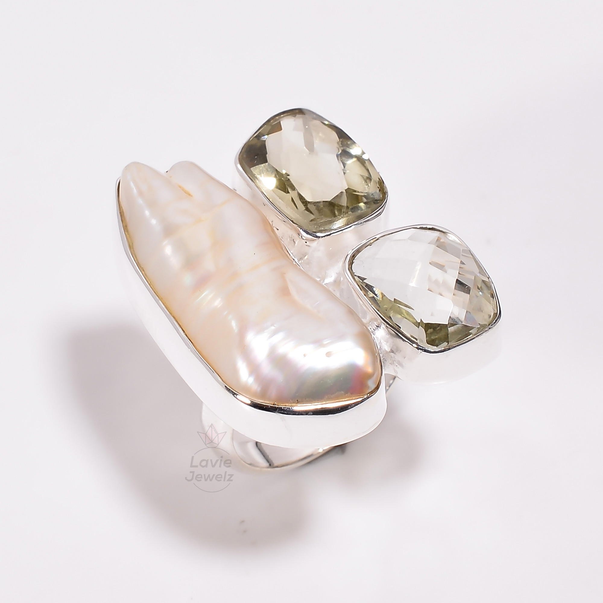 925 Sterling Silver Ring Baroque Pearl Green Amethyst Gemstone Ring