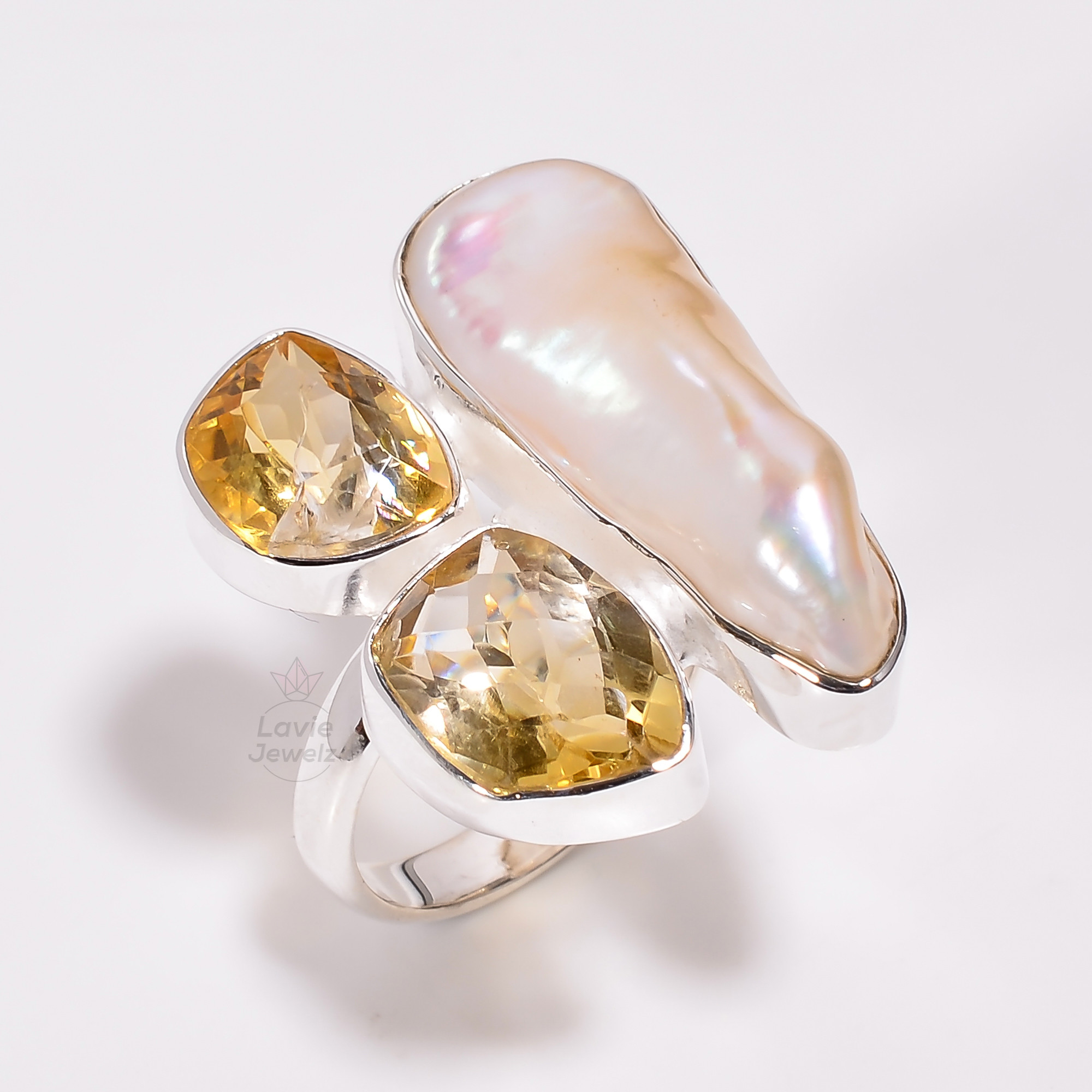 925 Sterling Silver Ring Baroque Pearl Citrine Gemstone Ring Size US 9