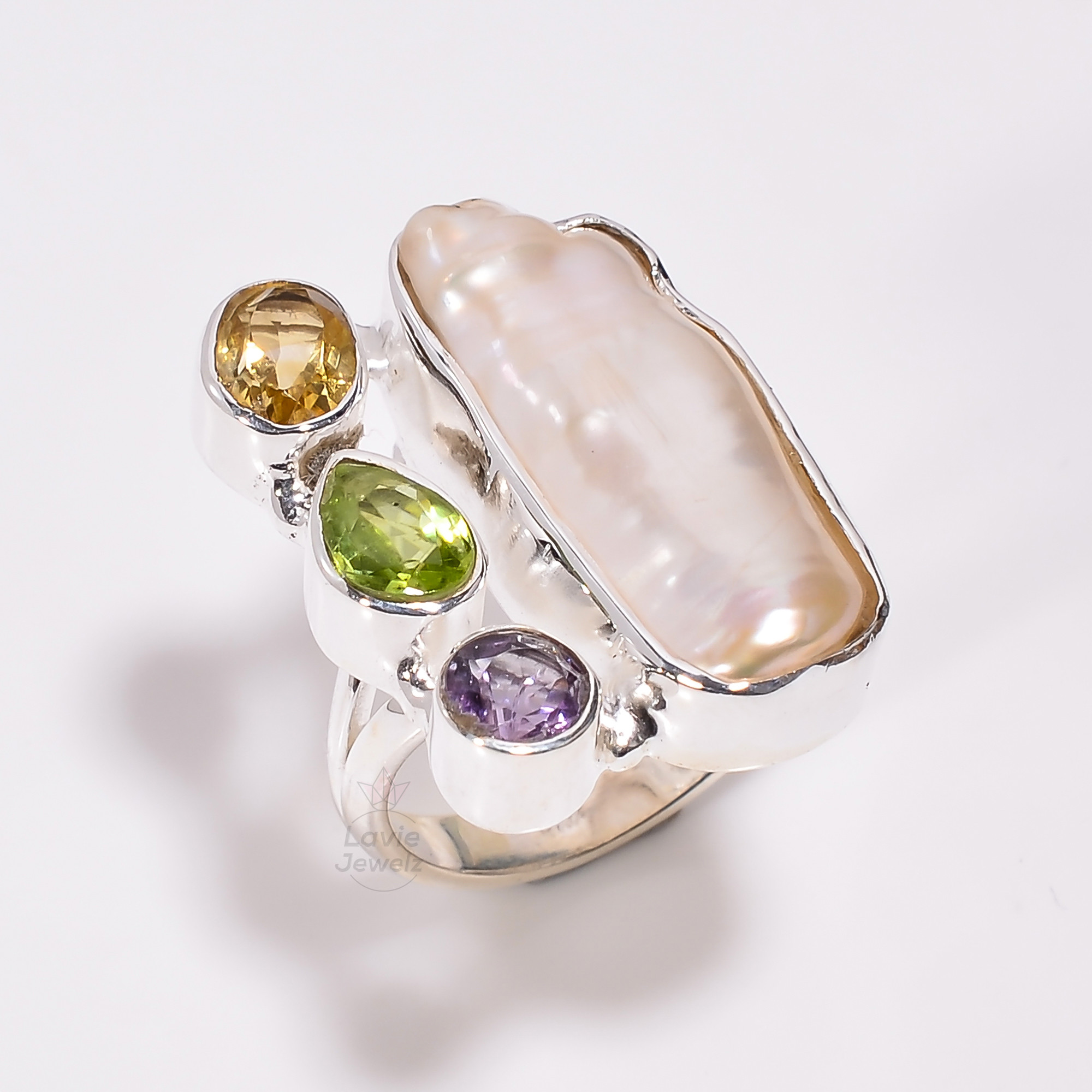 925 Sterling Silver Ring Baroque Pearl Amethyst Gemstone Size US 9