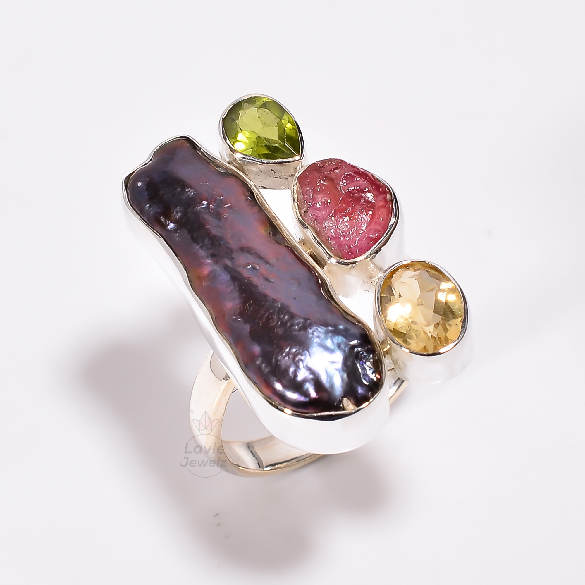 925 Sterling Silver Ring Size US 8 Baroque Black Pearl Peridot Gemstone