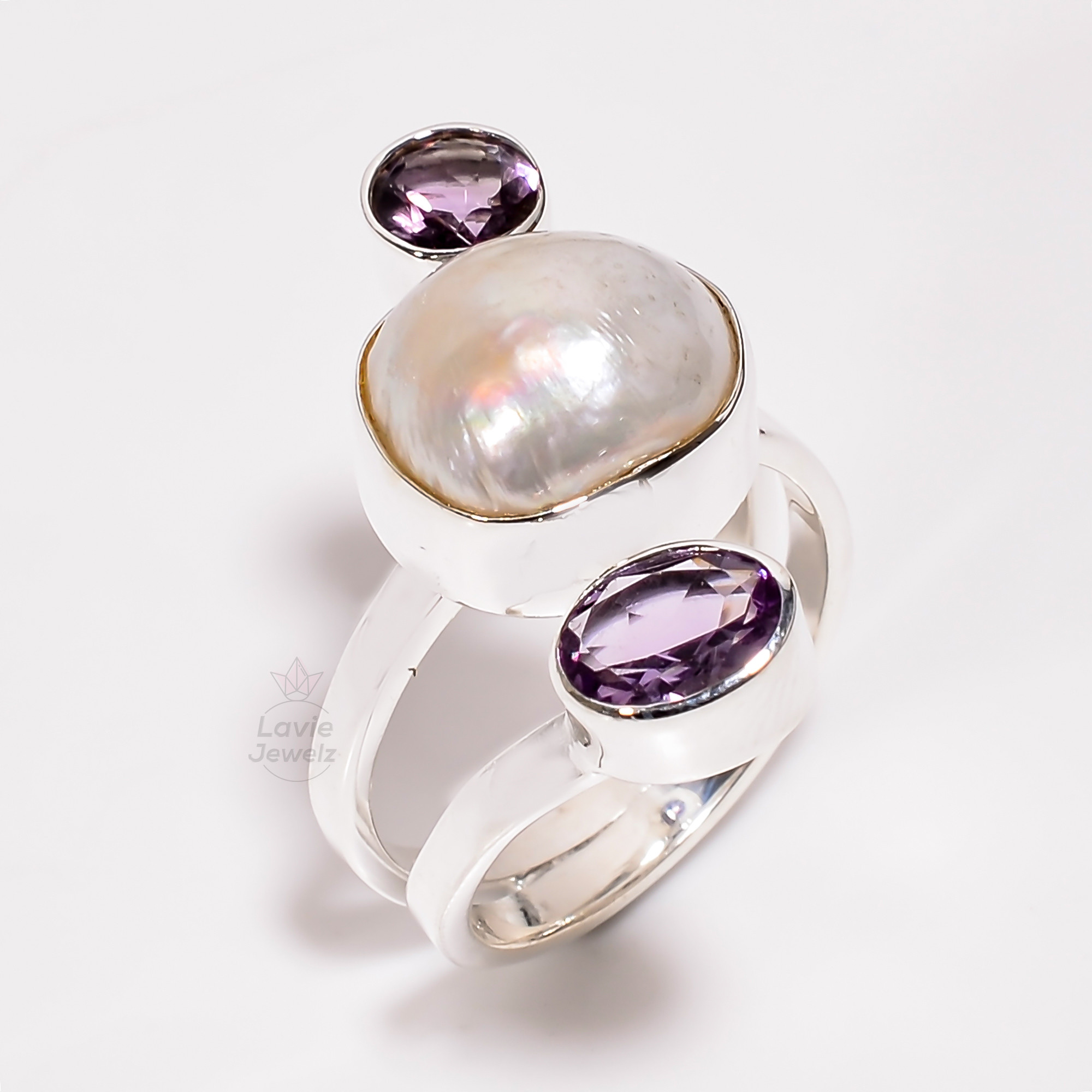 925 Sterling Silver Ring Baroque Pearl Amethyst Gemstone Ring