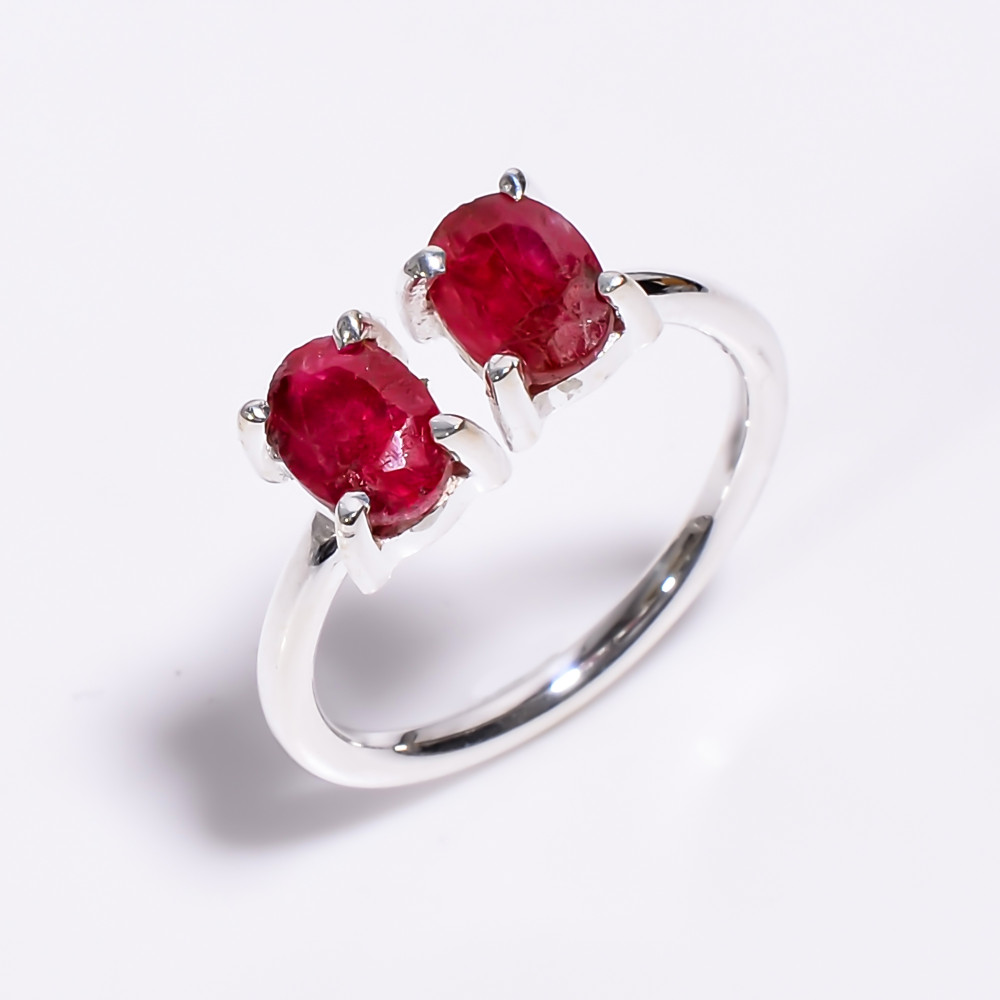 Image of 925 Sterling Silver Ring Oval Cut Ruby Gemstone Minimalist Ring Size US 8.5