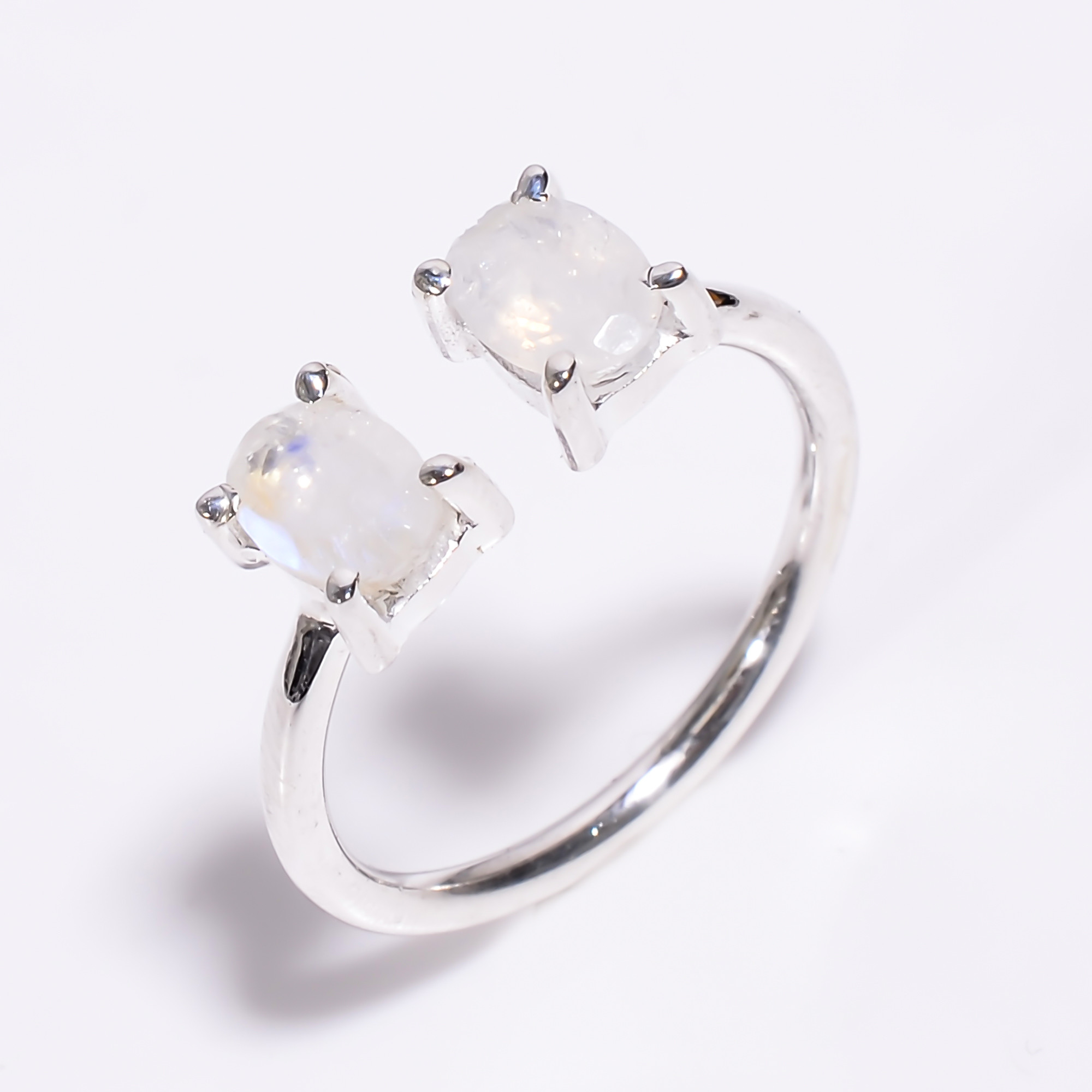 925 Sterling Silver Ring Oval Cut Rainbow Moonstone Ring Size US 7 Adjustable