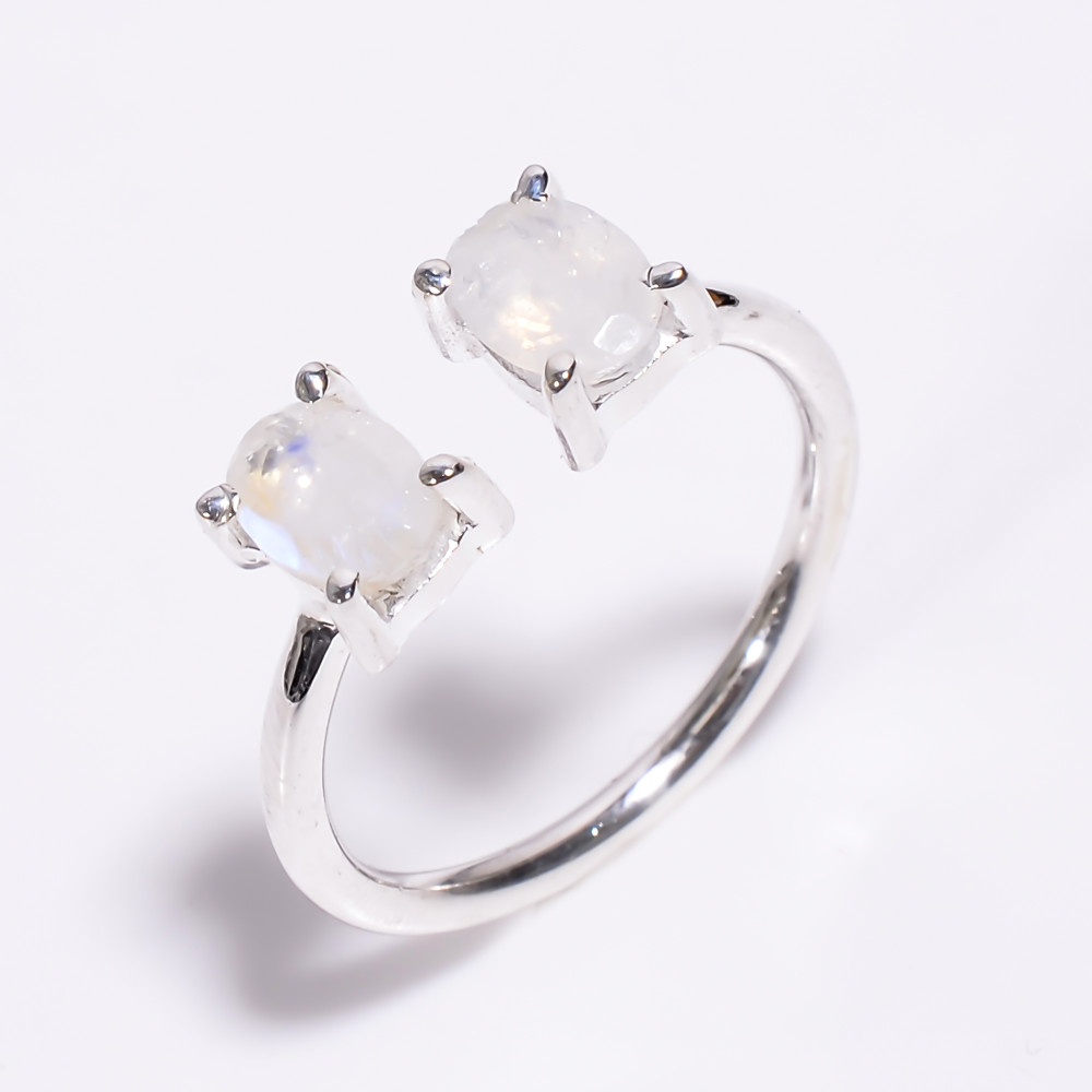 Image of 925 Sterling Silver Ring Oval Cut Rainbow Moonstone Ring Size US 7 Adjustable