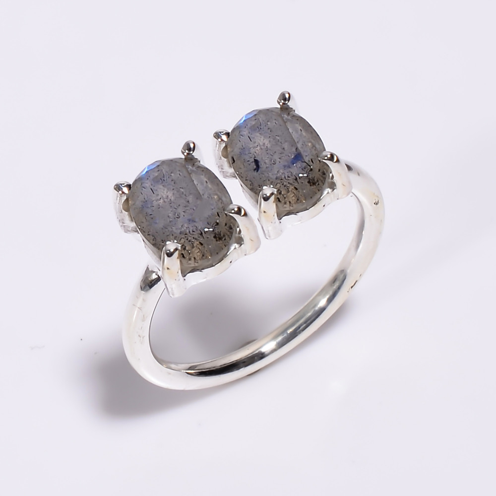 Image of 925 Sterling Silver Ring Oval Cut Labradortie Gemstone Adjustable Ring