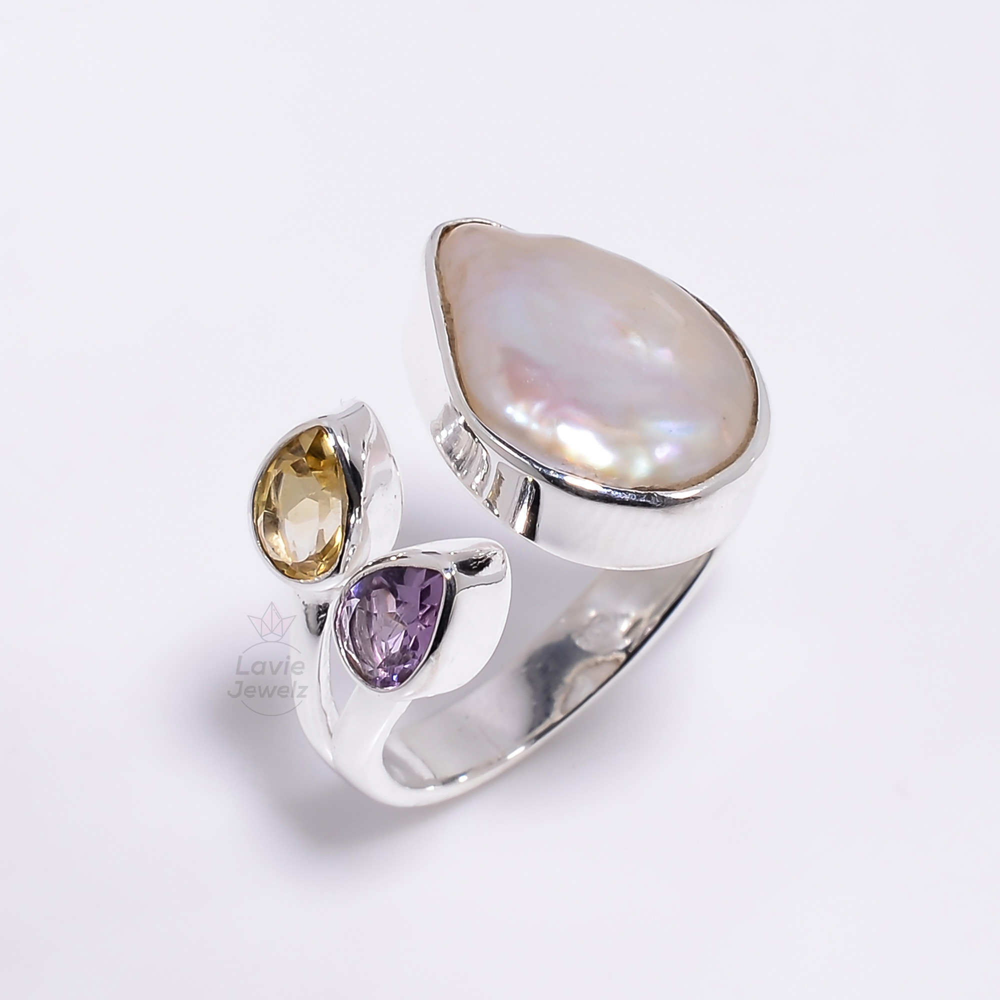 Baroque Pearl Blue Topaz Pear Cut Gemstone 925 Sterling Silver Ring Size US 8 Adjustable