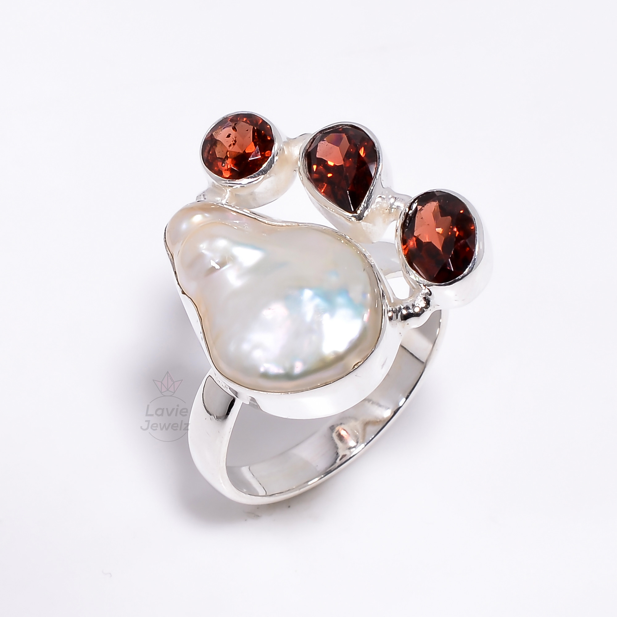925 Sterling Silver Ring Baroque Pearl Garnet Gemstone Ring