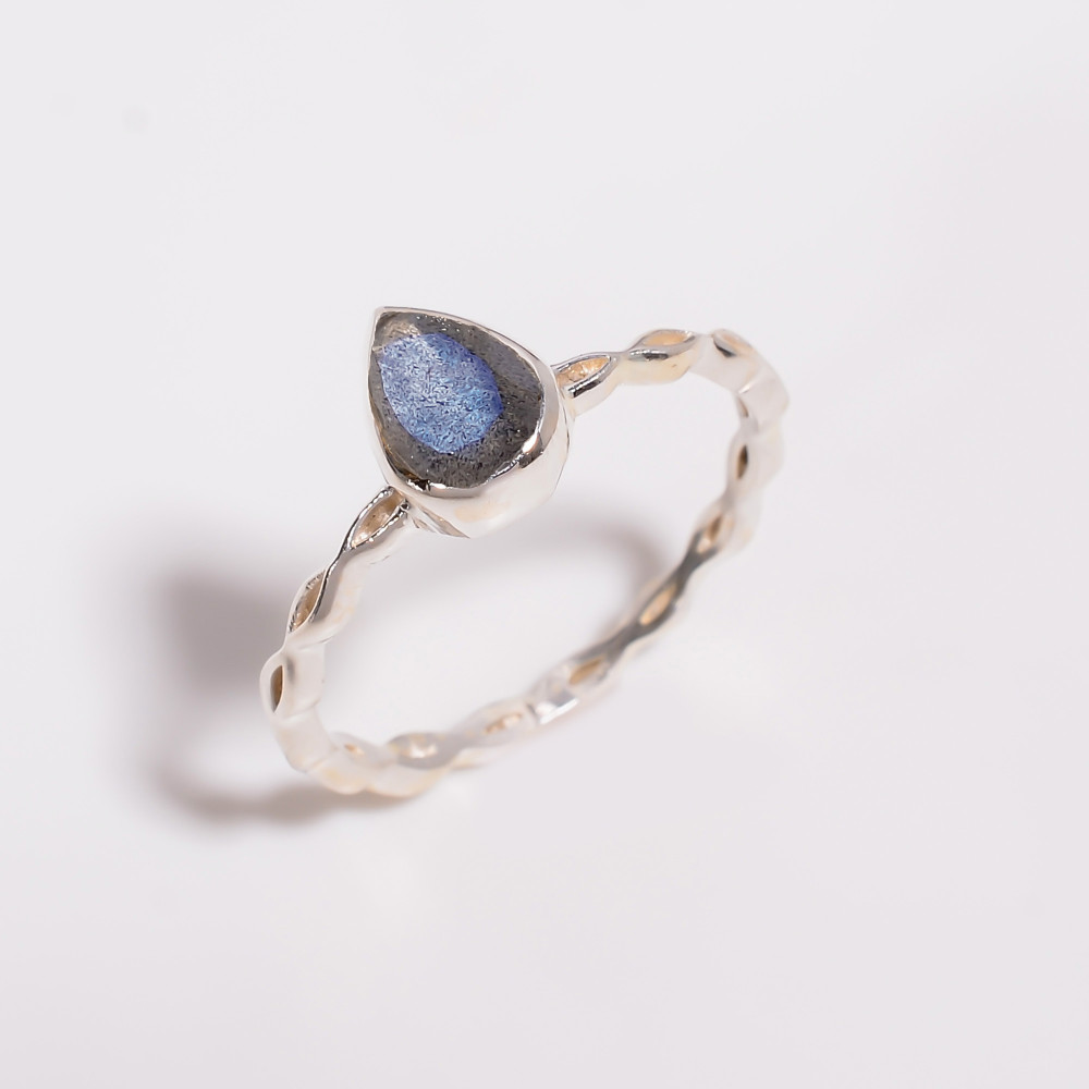 Image of 925 Sterling Silver Ring Natural Labradorite Pear Cut Gemstone Minimalist Ring