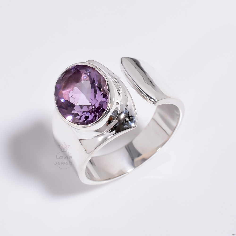Image of Natural Amethyst Oval Cut Gemstone 925 Sterling Silver Ring Adjustable
