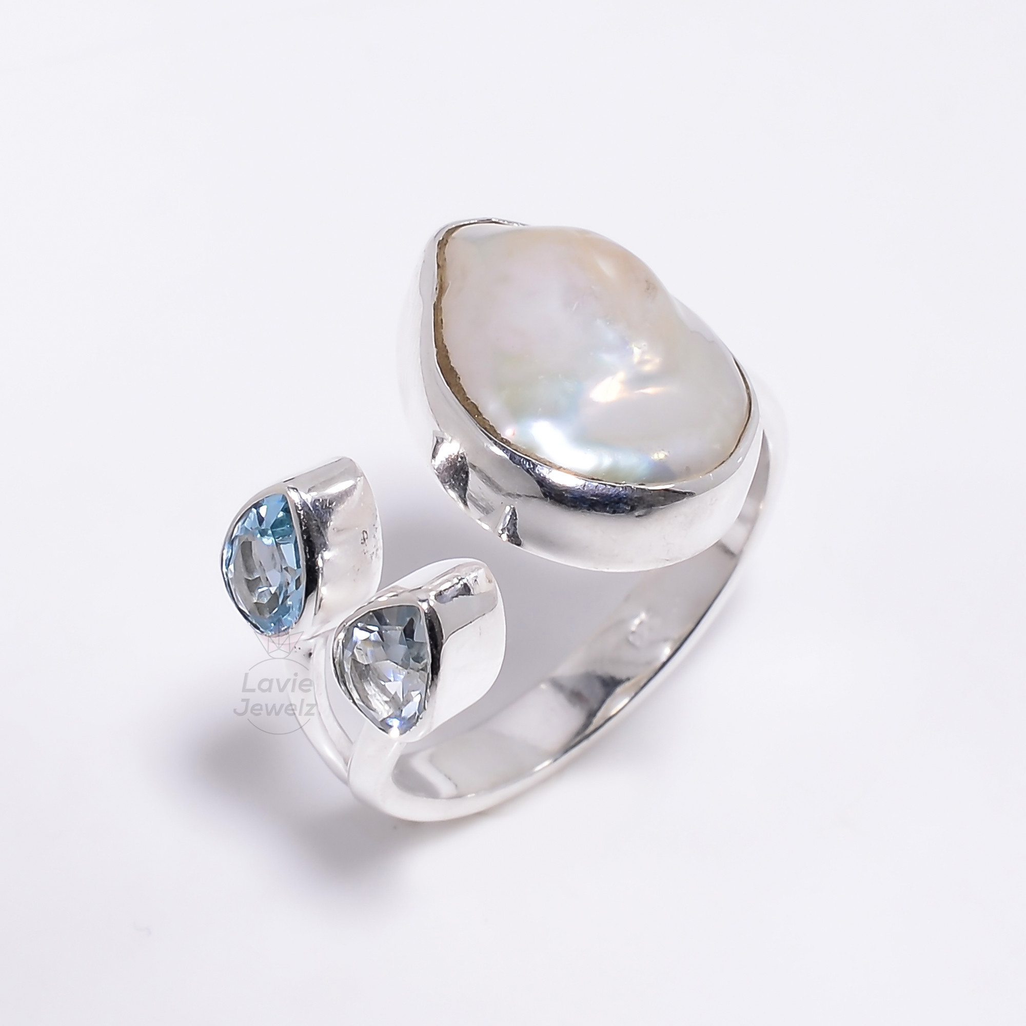Baroque Pearl Blue Topaz Pear Cut Gemstone 925 Sterling Silver Ring US 7 Adjustable