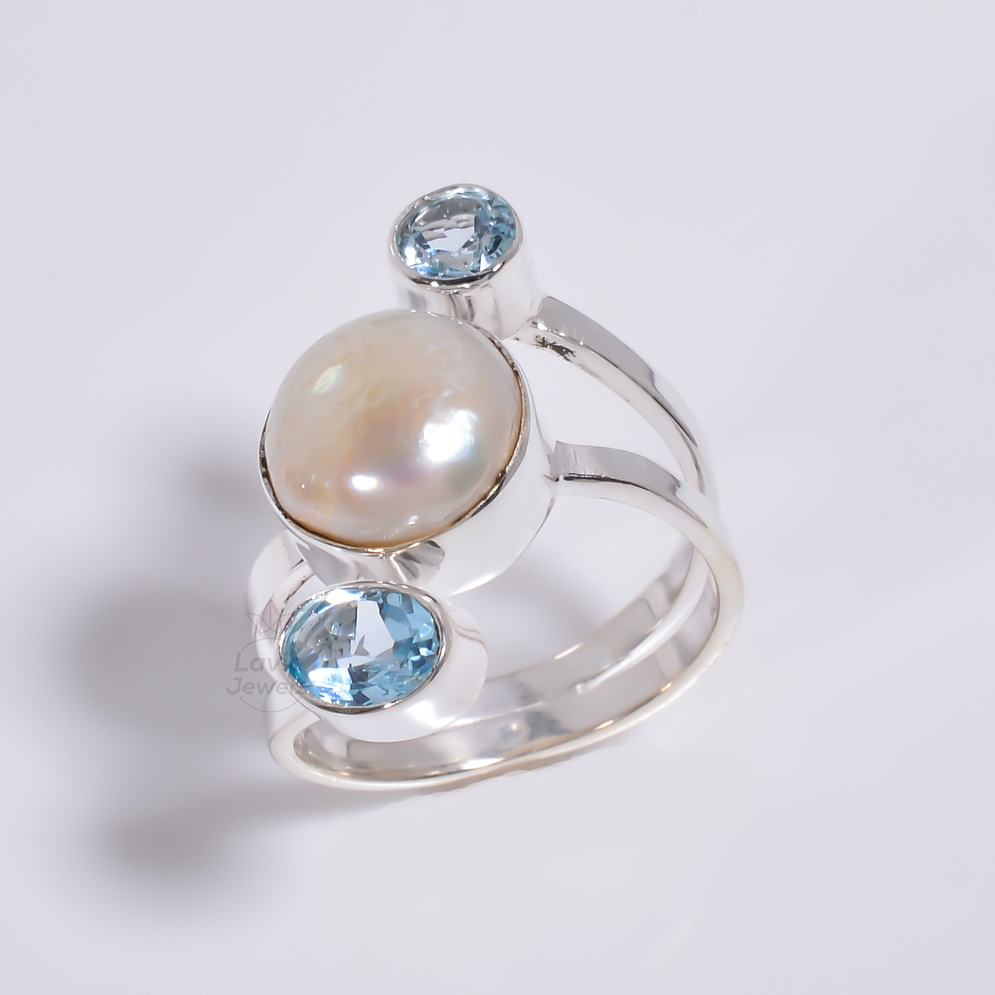 Baroque Pearl Blue Topaz Gemstone 925 Sterling Silver Ring