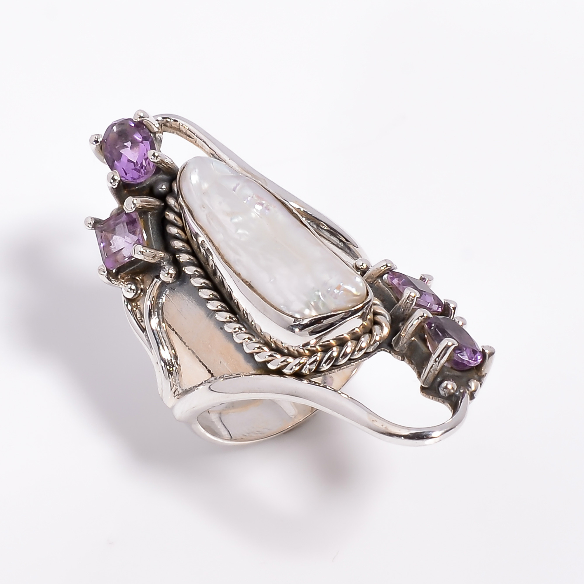 925 Sterling Silver Ring Baroque Pearl Gemstone Ring