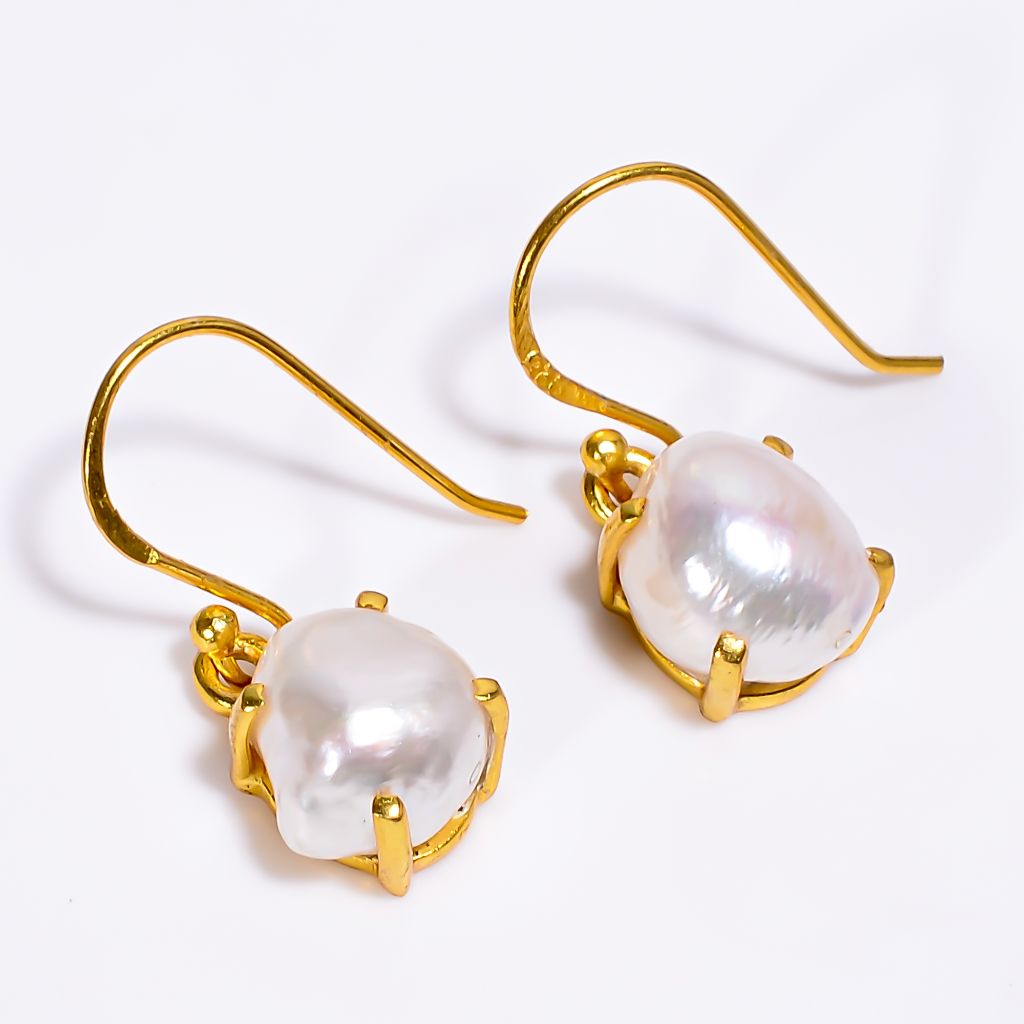 925 Sterling Silver Gold Plated Drop Baroque Pearl Gemstone Earrings