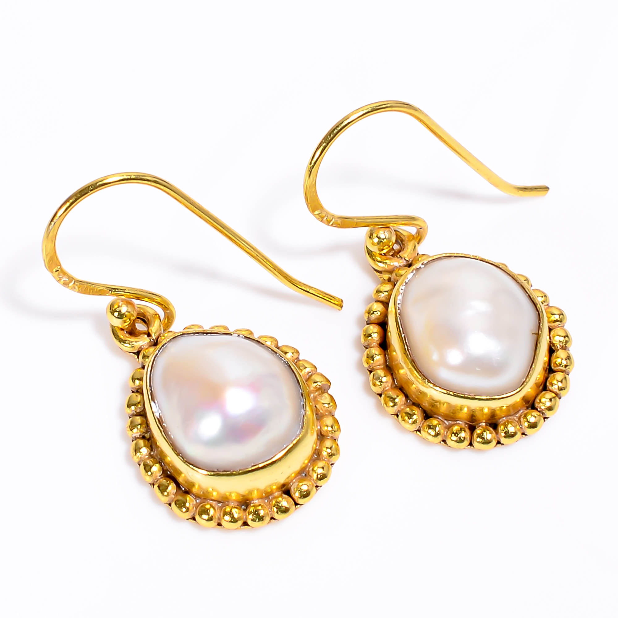 925 Sterling Silver Gold Plated Drop Baroque Pearl Gemstone Earrings
