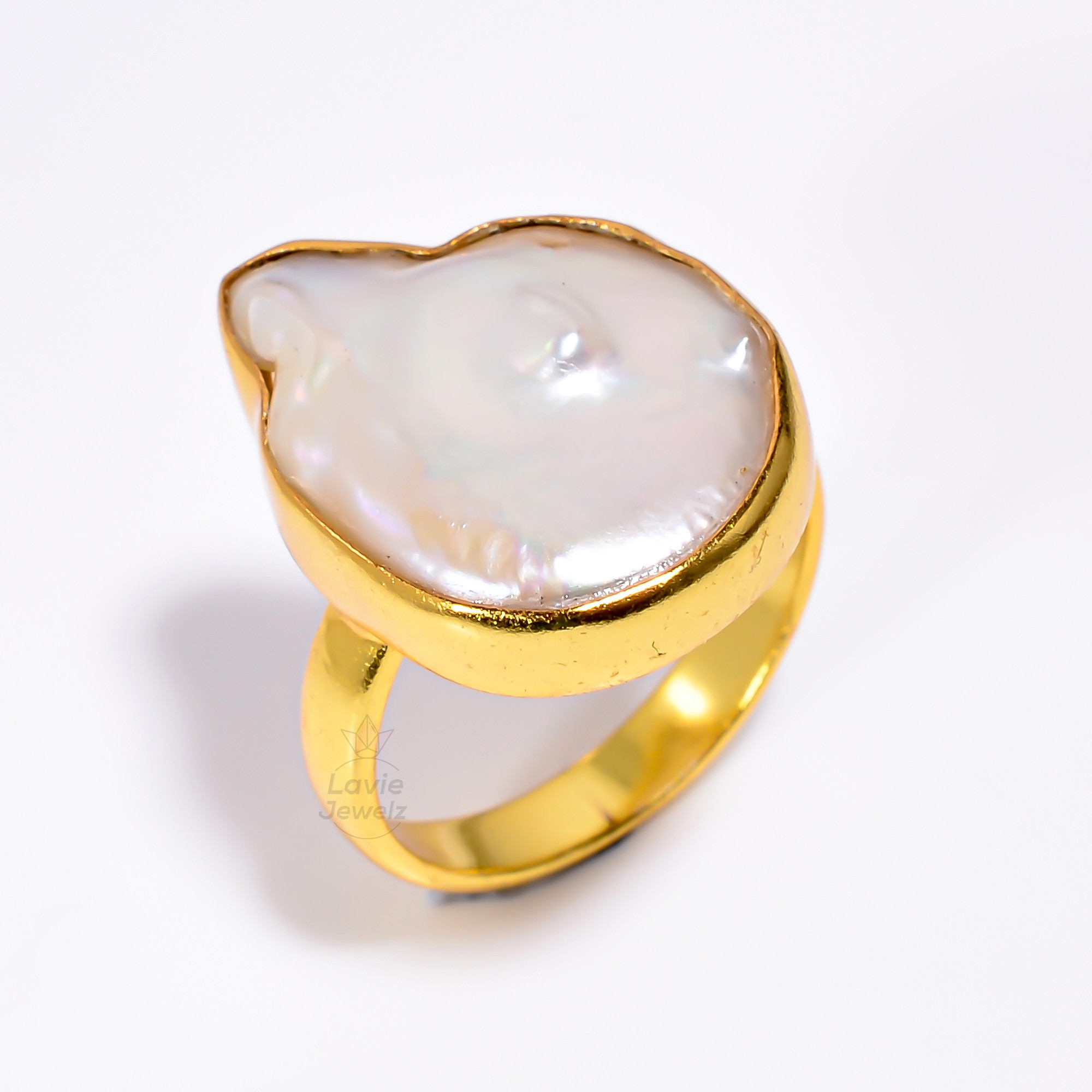 925 Sterling Silver Gold Plated Baroque Pearl Ring