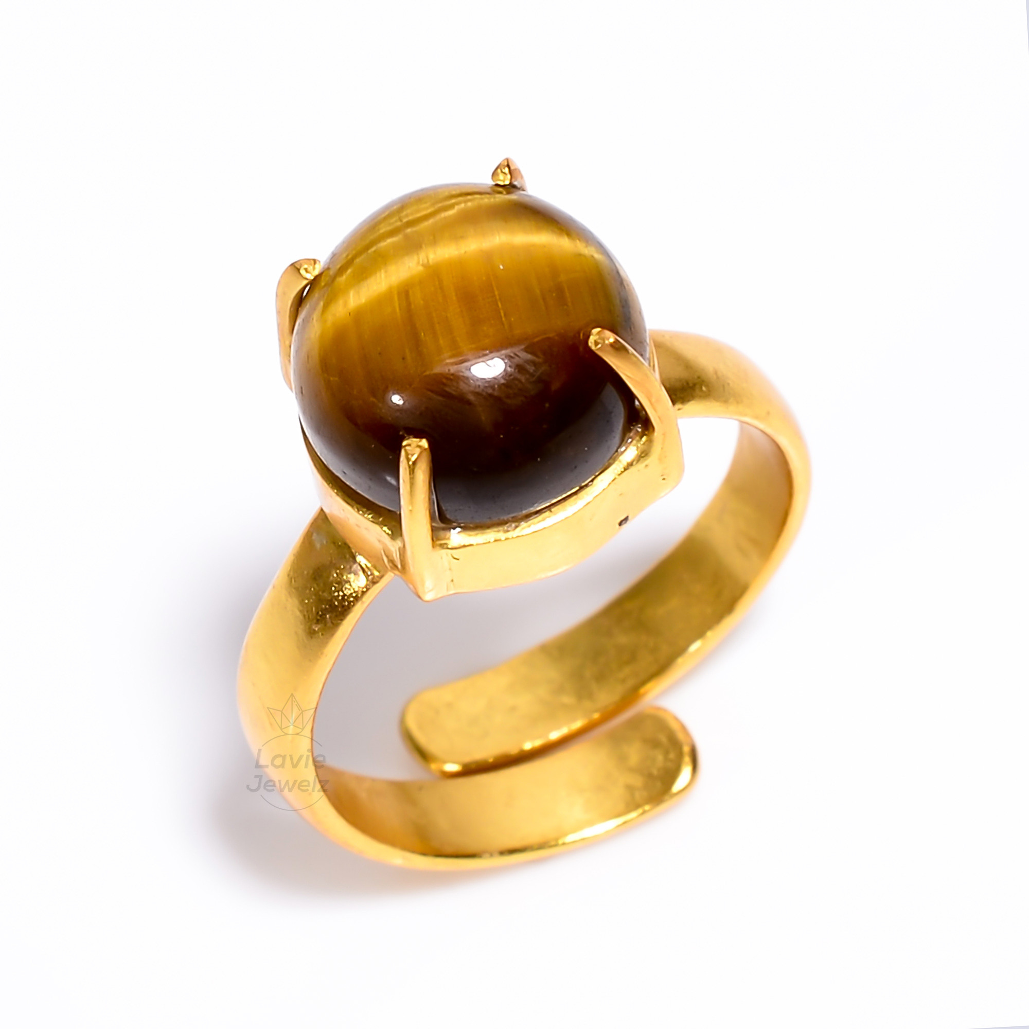 925 Sterling Silver Gold Plated Ring Natural Tiger Eye Gemstone