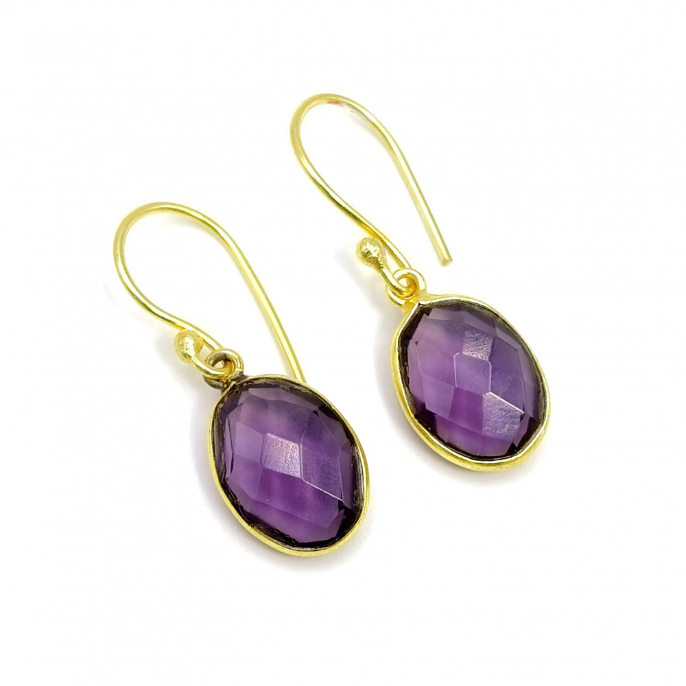Image of 18K Gold Plated Drop Earrings Amethyst Oval Cut Gemstone