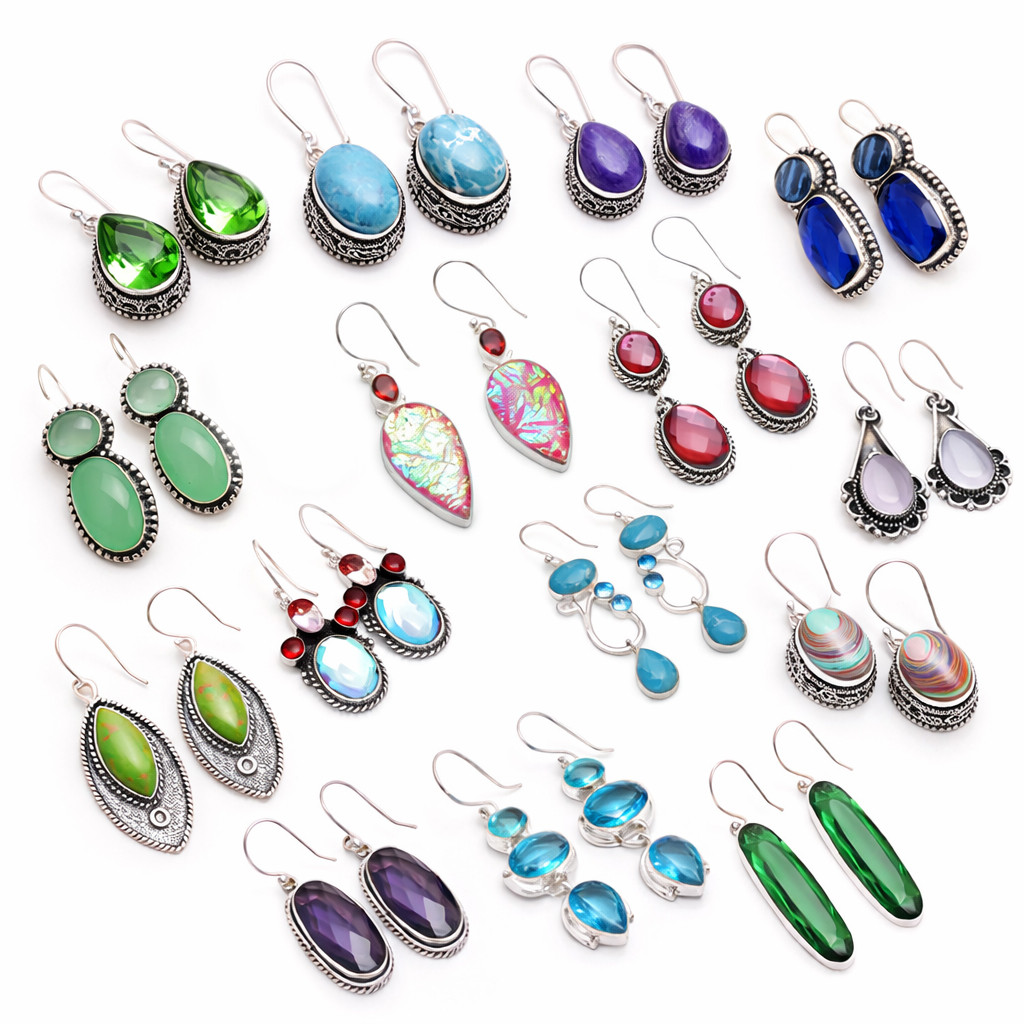 Mix Assorted Designs Gemstone Crystal Earrings - 925 Silver Plated Mixed Sizes
