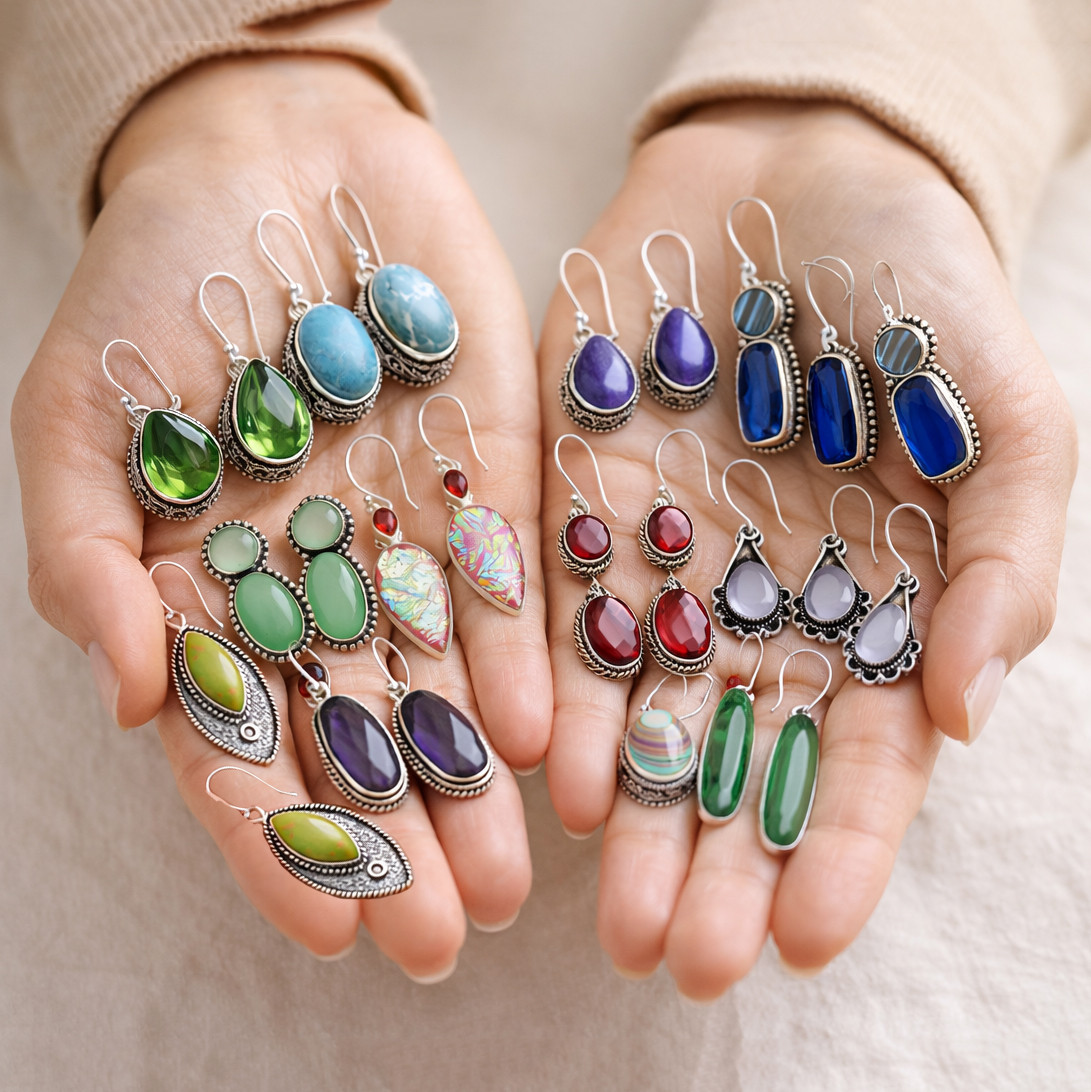 Mix Assorted Designs Gemstone Crystal Earrings - 925 Silver Plated Mixed Sizes