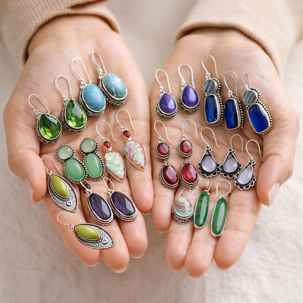 Image of Mix Assorted Designs Gemstone Crystal Earrings - 925 Silver Plated Mixed Sizes