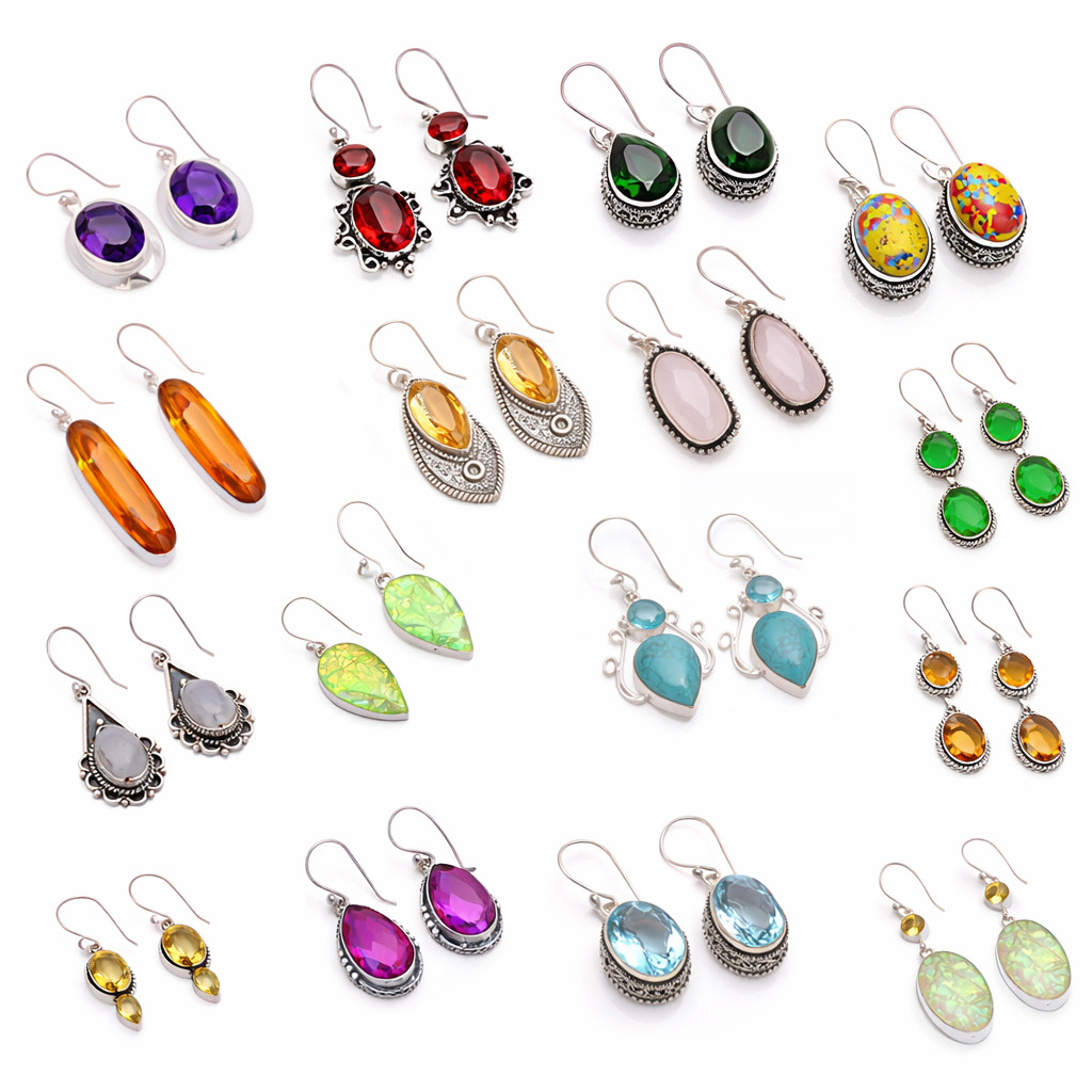 Mix Assorted Designs Gemstone Crystal Earrings 925 Silver Plated Mixed Sizes