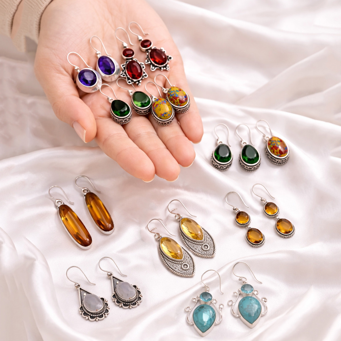 Mix Assorted Designs Gemstone Crystal Earrings 925 Silver Plated Mixed Sizes