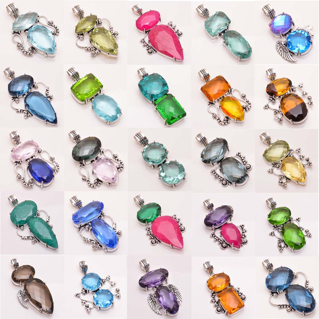 Mix Assorted Designs Gemstone Crystal Pendants 925 Silver Plated Mixed Sizes