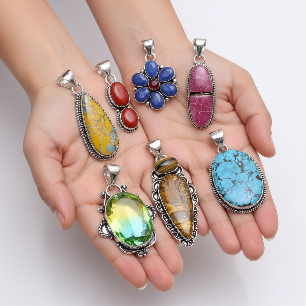 Mix Assorted Designs Gemstone Crystal Pendants 925 Silver Plated Mixed Sizes