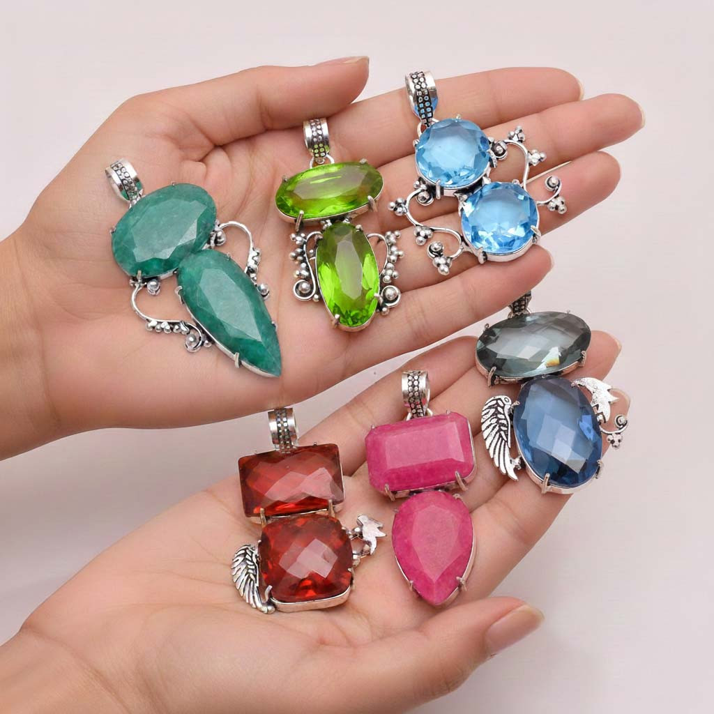 Mix Assorted Designs Gemstone Crystal Pendants 925 Silver Plated Mixed Sizes