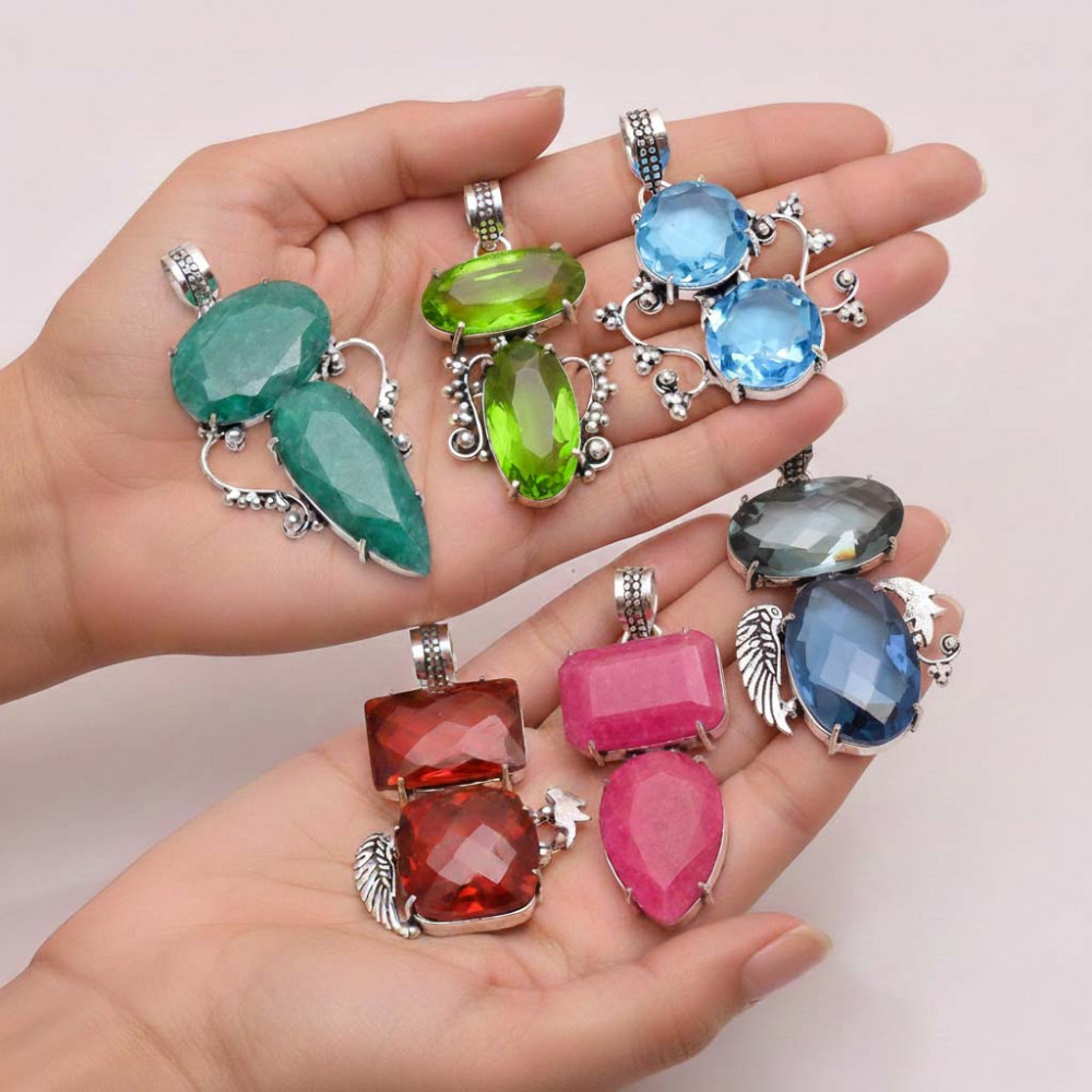 Image of Mix Assorted Designs Gemstone Crystal Pendants 925 Silver Plated Mixed Sizes