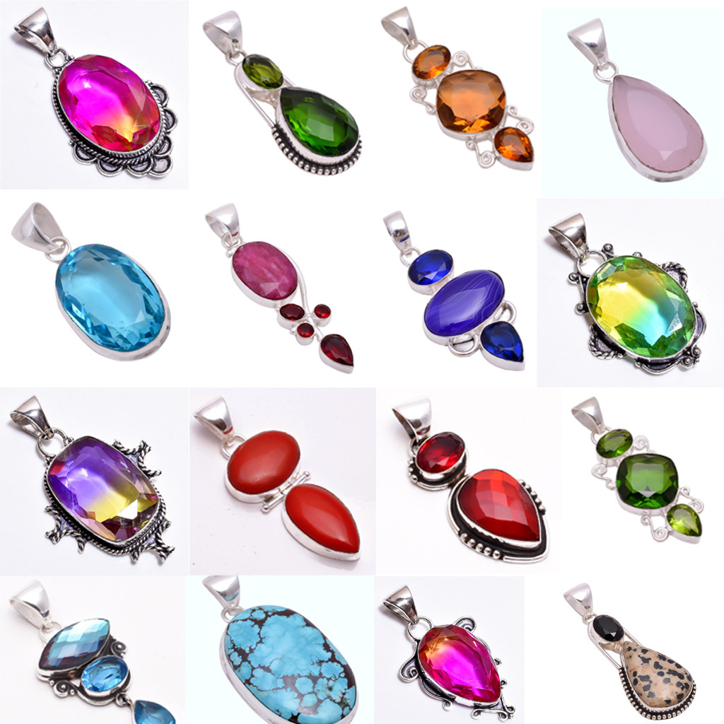 Mix Assorted Designs Gemstone Crystal Pendants 925 Silver Plated Mixed Sizes