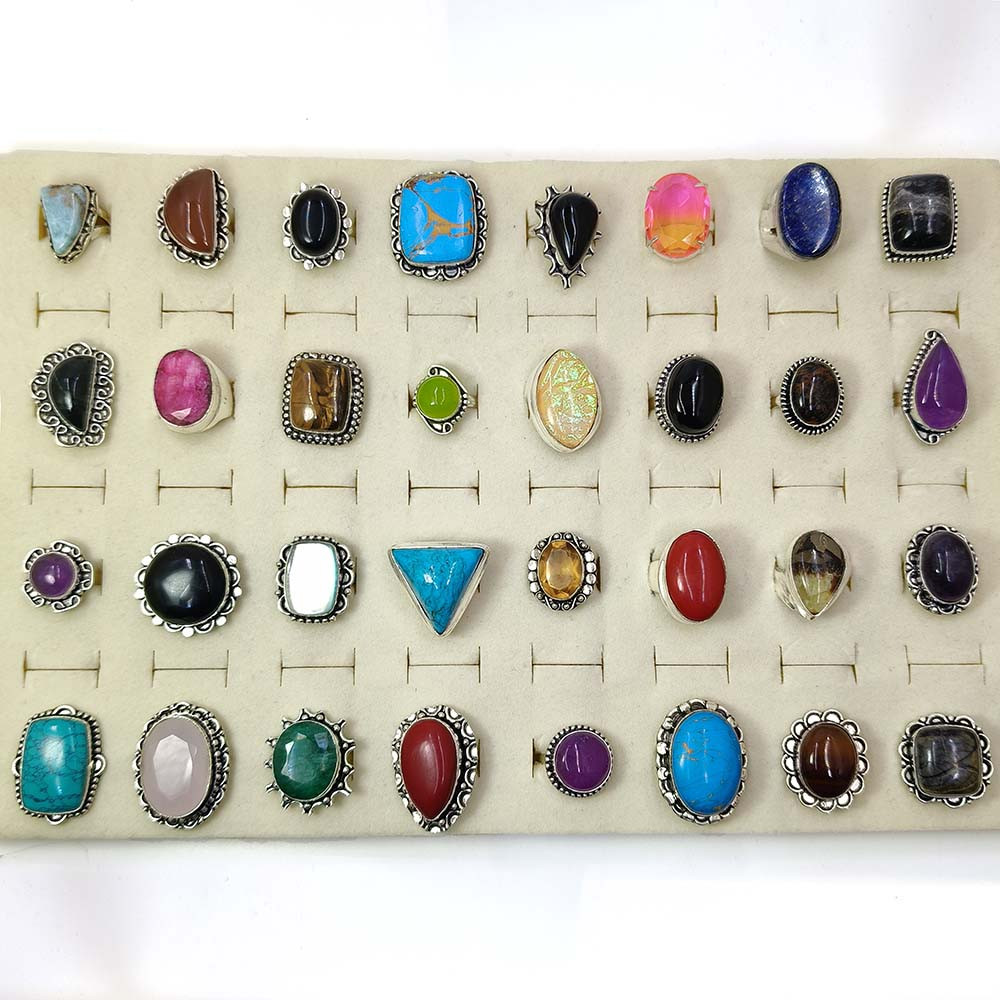 Mix Assorted Designs Gemstone Crystal Rings - 925 Silver Plated Mixed Sizes US 5 - 10