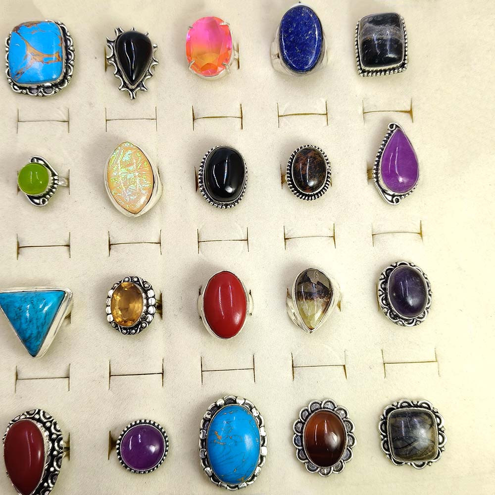 Mix Assorted Designs Gemstone Crystal Rings - 925 Silver Plated Mixed Sizes US 5 - 10