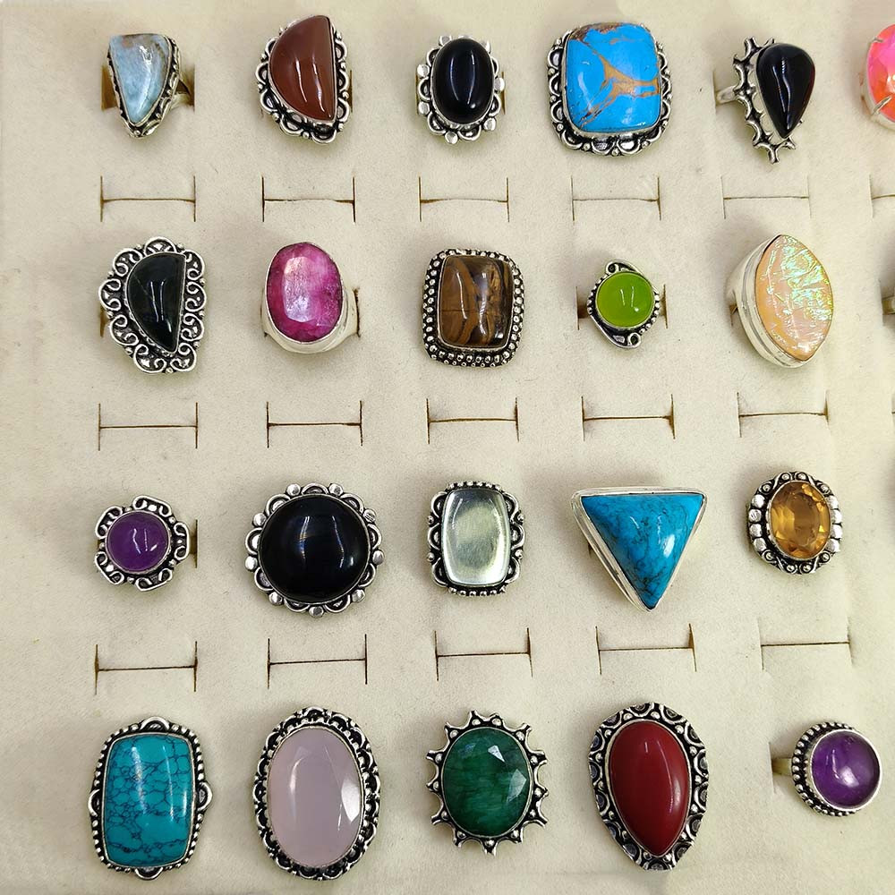 Mix Assorted Designs Gemstone Crystal Rings - 925 Silver Plated Mixed Sizes US 5 - 10