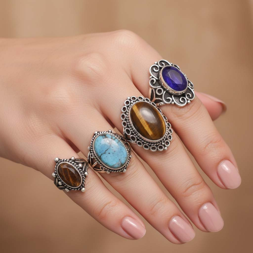 Mix Assorted Designs Gemstone Crystal Rings - 925 Silver Plated Mixed Sizes US 5 - 10