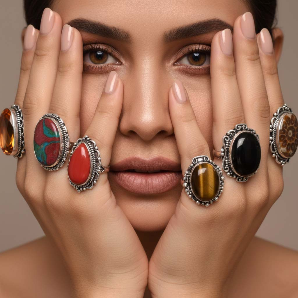 Mix Assorted Designs Gemstone Crystal Rings - 925 Silver Plated Mixed Sizes US 5 - 10