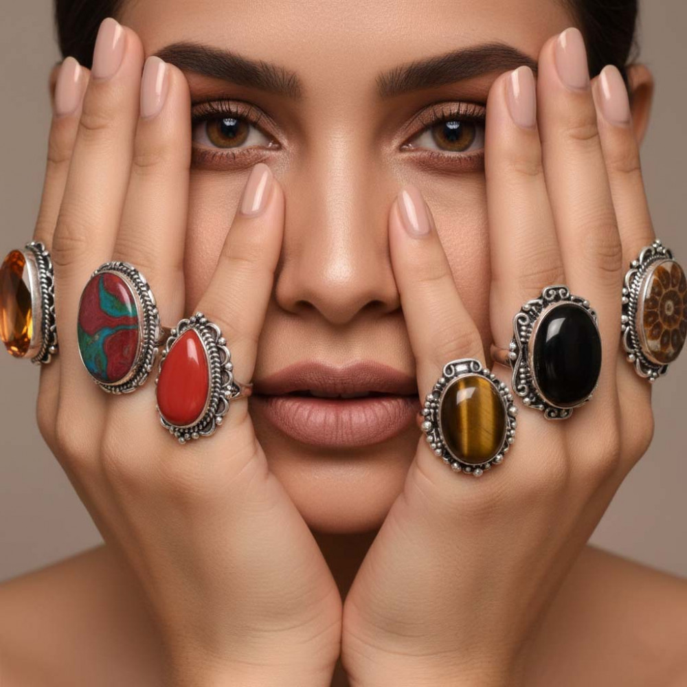 Image of Mix Assorted Designs Gemstone Crystal Rings - 925 Silver Plated Mixed Sizes US 5 - 10