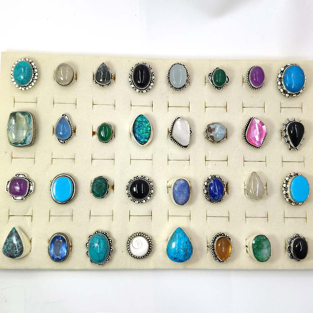 Mix Assorted Designs Gemstone Crystal Rings - 925 Silver Plated Mixed Sizes US 5 - 10