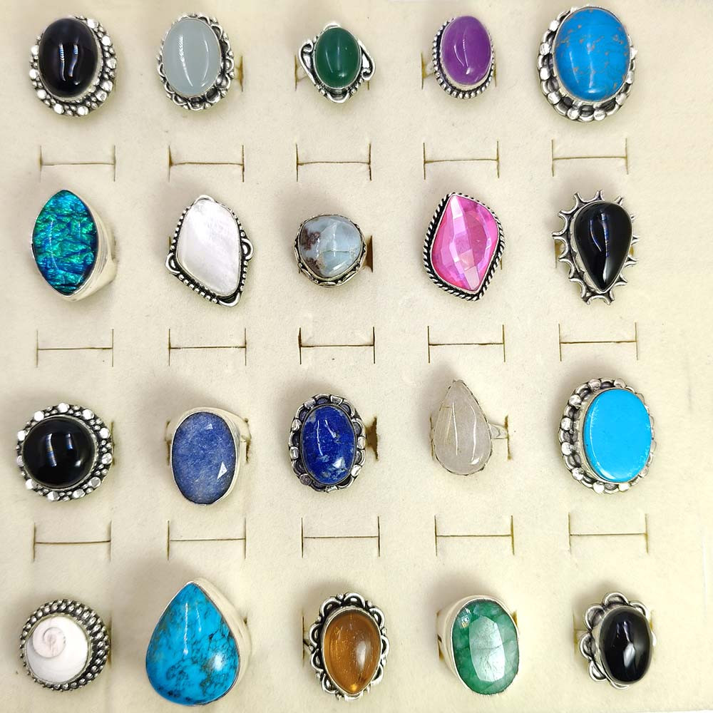 Mix Assorted Designs Gemstone Crystal Rings - 925 Silver Plated Mixed Sizes US 5 - 10